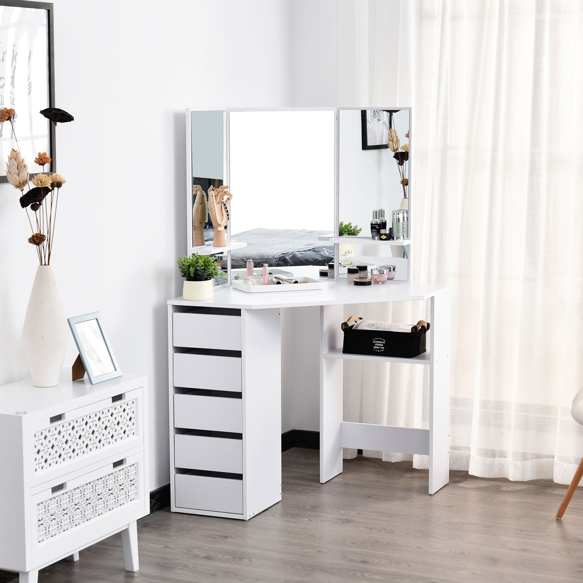 HOMCOM Corner Vanity Desk with Mirror, Makeup Vanity Table with 5 Drawers, Dressing Table with 3-piece Mirror, White