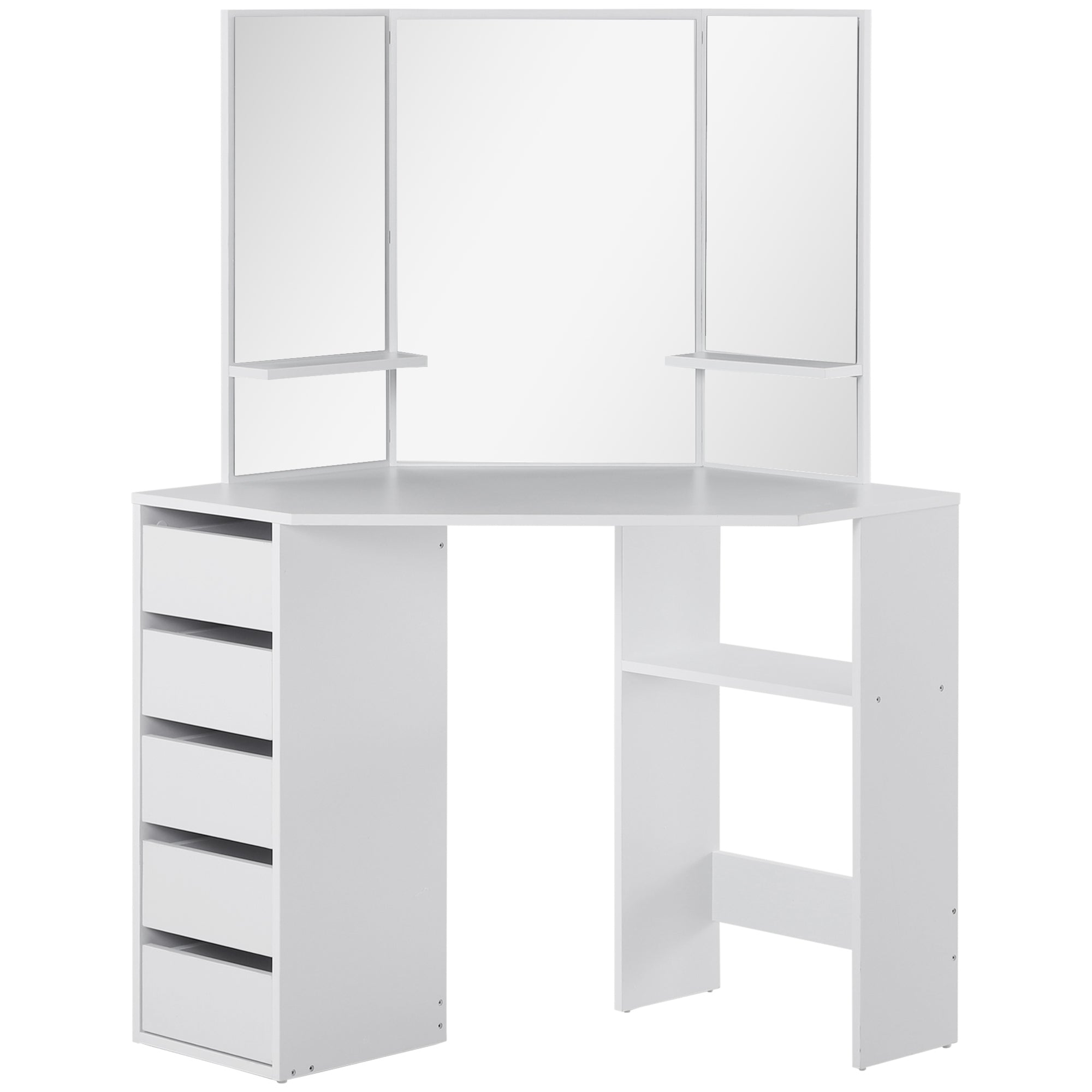 HOMCOM Corner Vanity Desk with Mirror, Makeup Vanity Table with 5 Drawers, Dressing Table with 3-piece Mirror, White