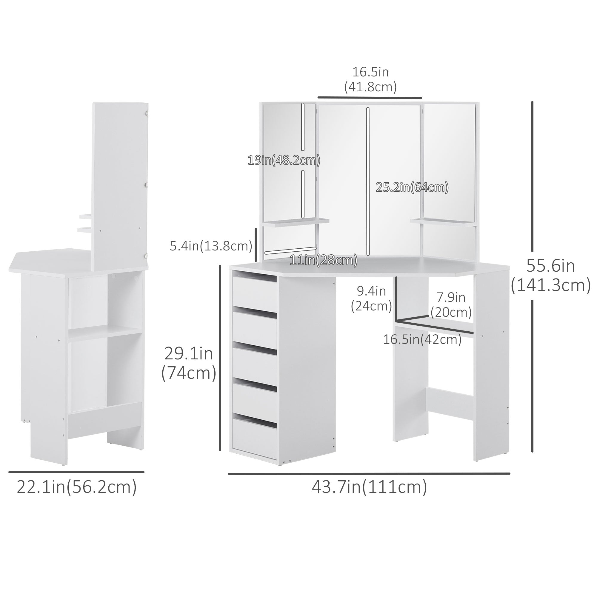 HOMCOM Corner Vanity Desk with Mirror, Makeup Vanity Table with 5 Drawers, Dressing Table with 3-piece Mirror, White