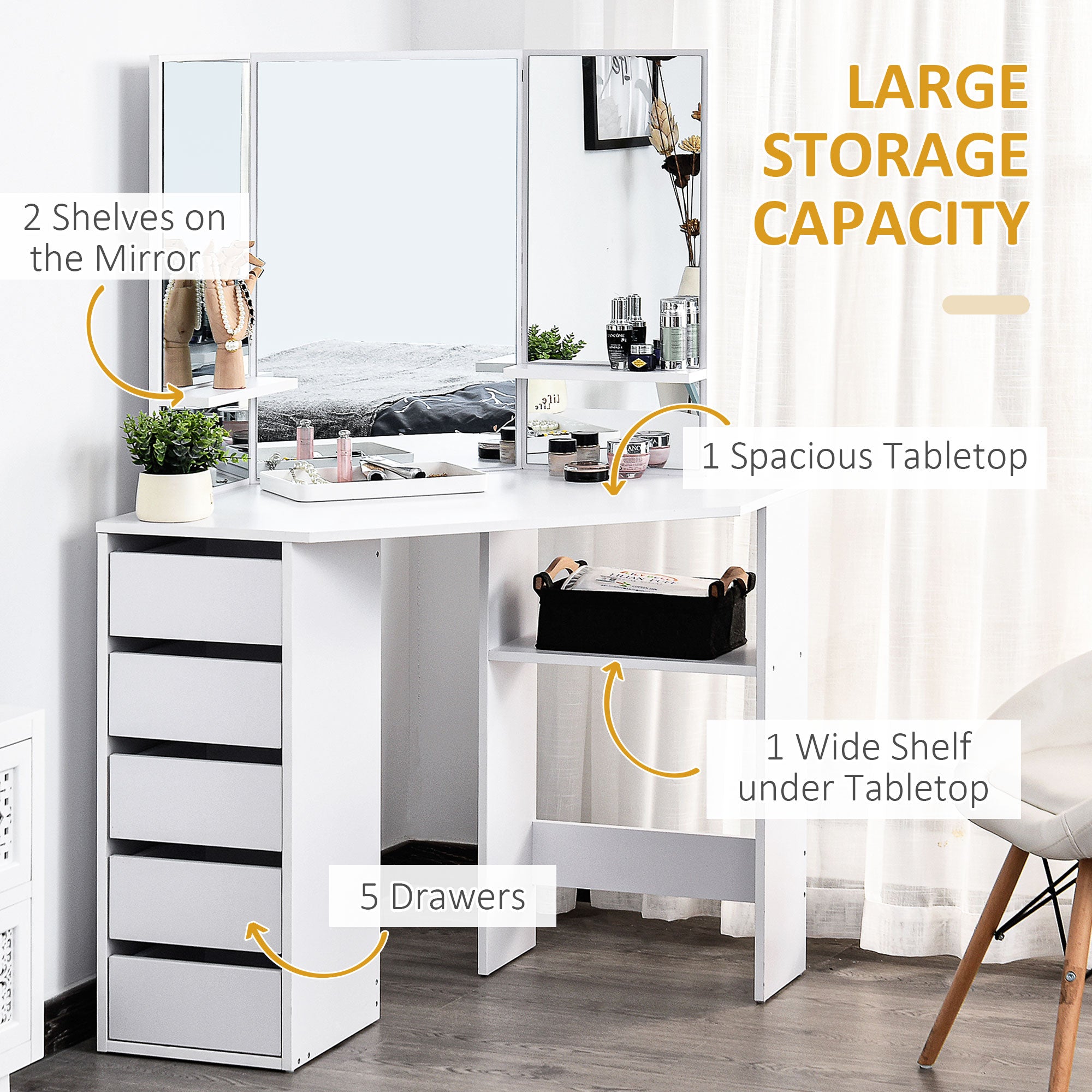 HOMCOM Corner Vanity Desk with Mirror, Makeup Vanity Table with 5 Drawers, Dressing Table with 3-piece Mirror, White