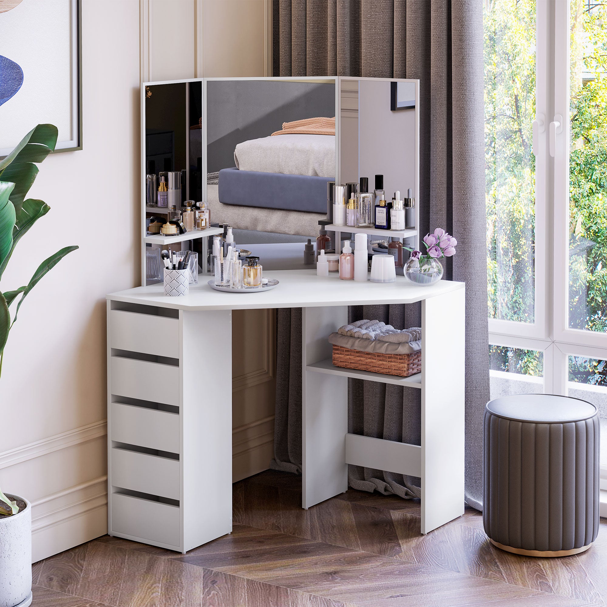 HOMCOM Corner Vanity Desk with Mirror, Makeup Vanity Table with 5 Drawers, Dressing Table with 3-piece Mirror, White