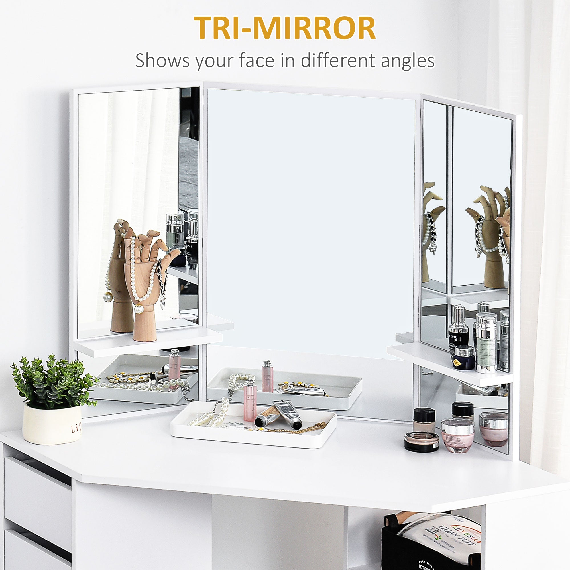 HOMCOM Corner Vanity Desk with Mirror, Makeup Vanity Table with 5 Drawers, Dressing Table with 3-piece Mirror, White