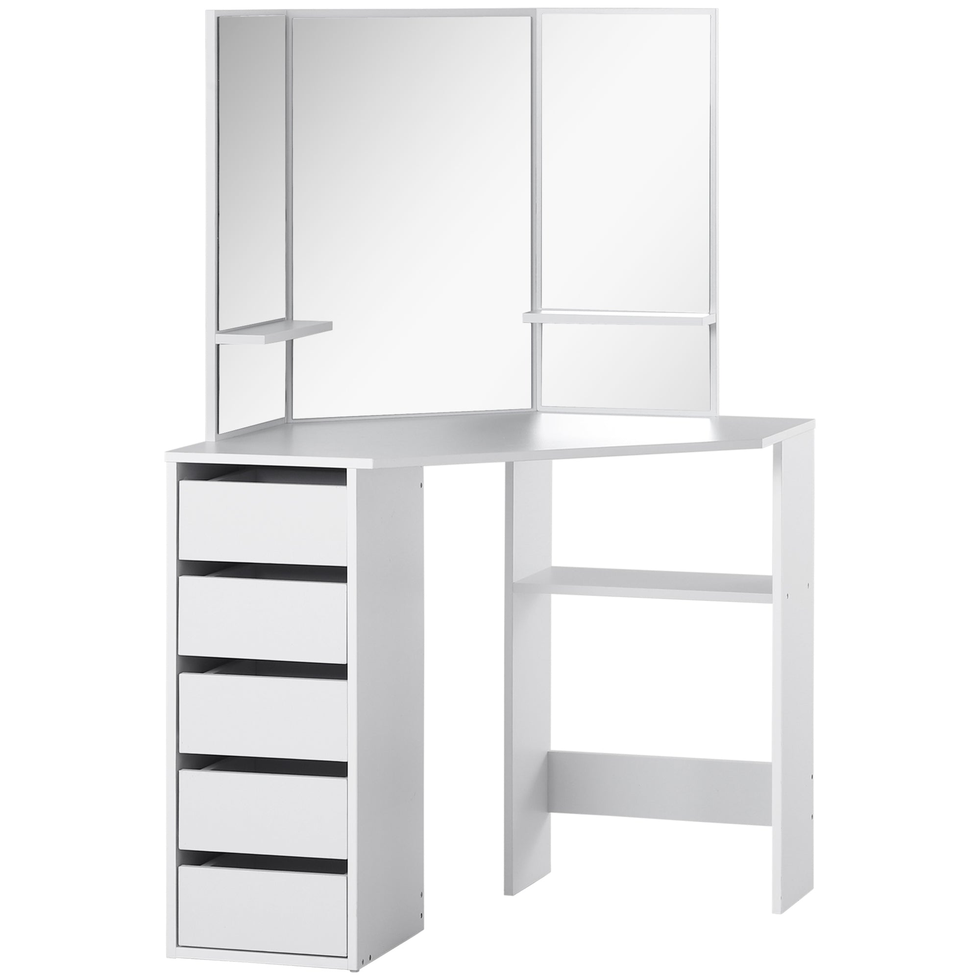 HOMCOM Corner Vanity Desk with Mirror, Makeup Vanity Table with 5 Drawers, Dressing Table with 3-piece Mirror, White