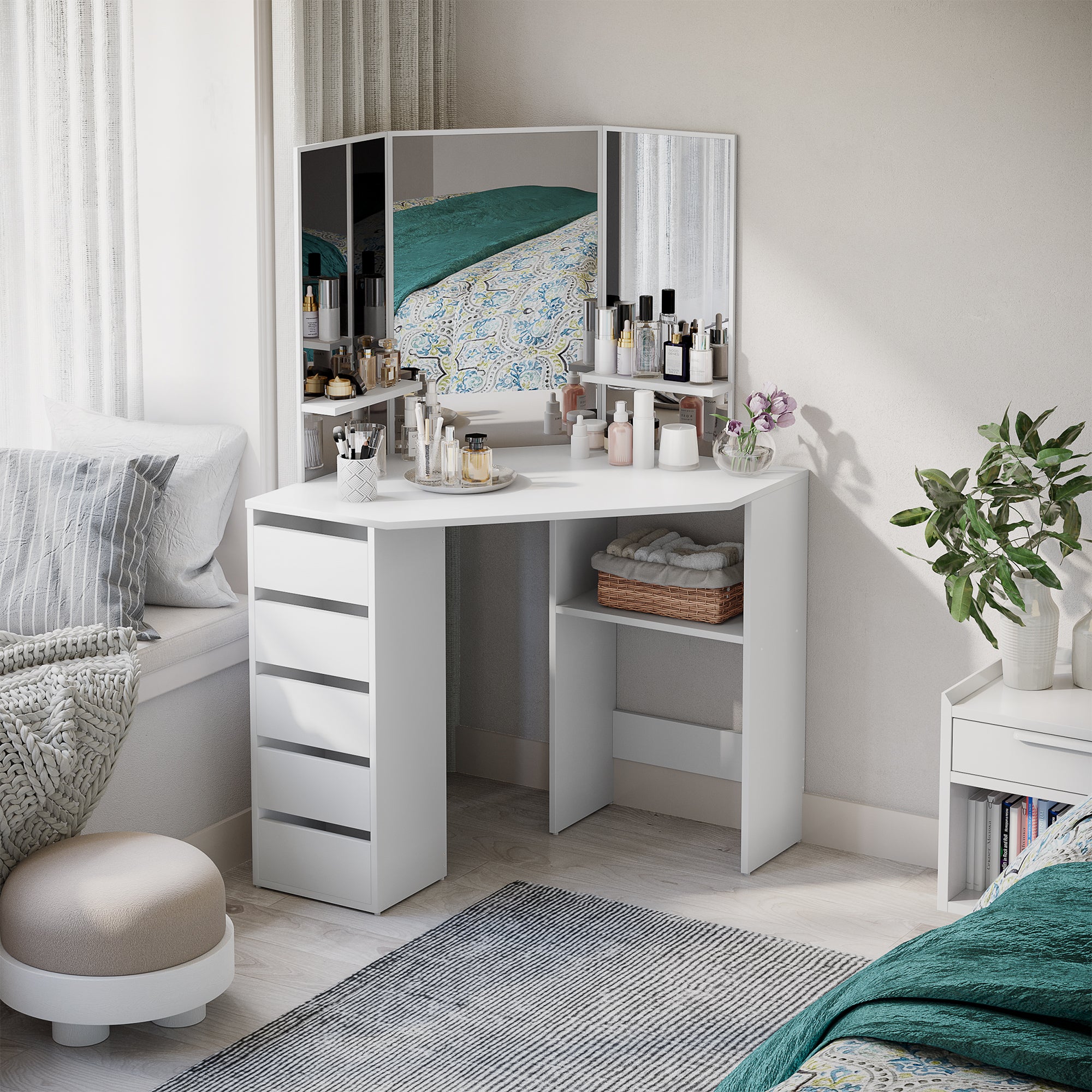 HOMCOM Corner Vanity Desk with Mirror, Makeup Vanity Table with 5 Drawers, Dressing Table with 3-piece Mirror, White