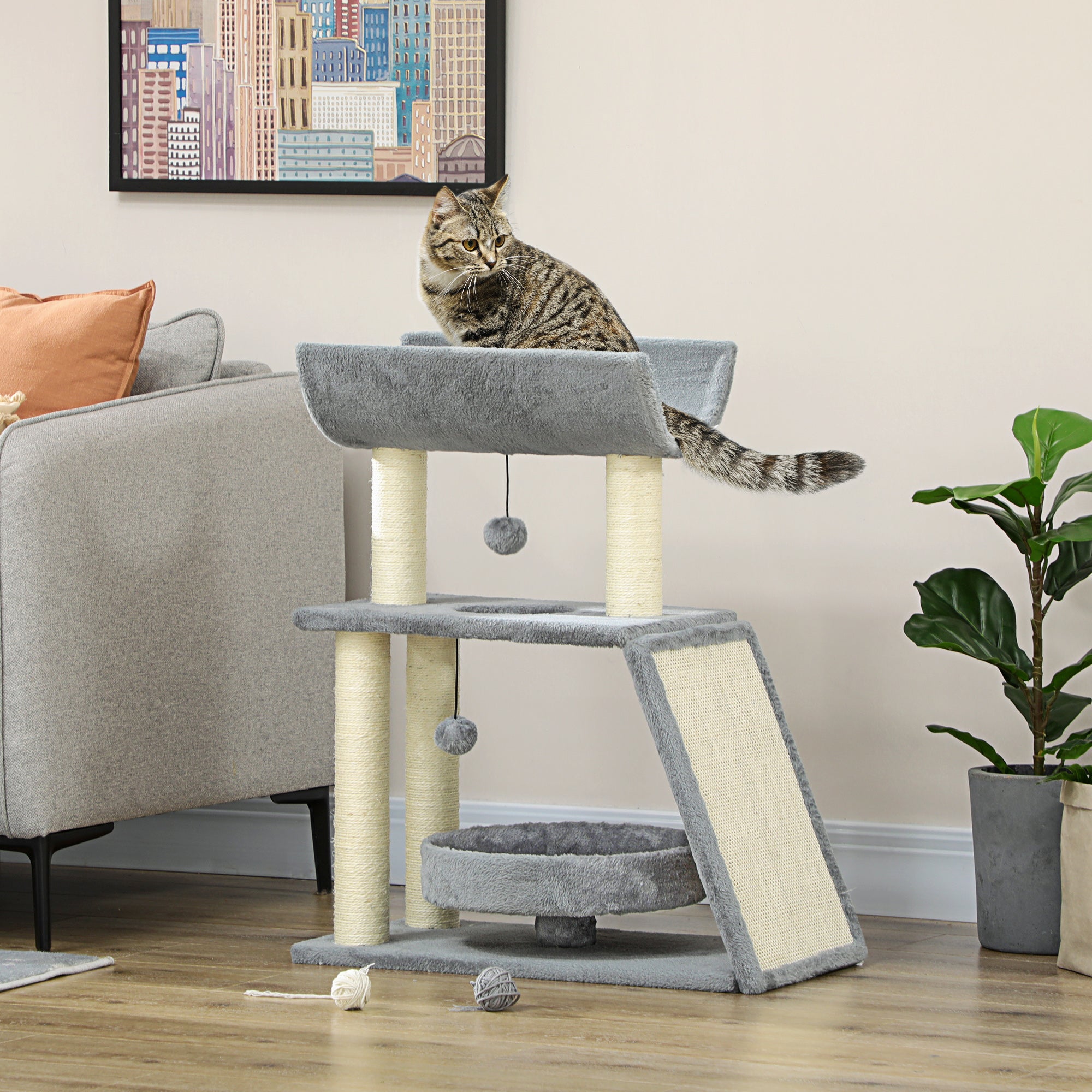 PawHut Cat Tree, Small Cat Tower with Perch, Sisal Scratching Posts, Scratch Pad, Bed, Hanging Balls, for Indoor Cats, Light Grey
