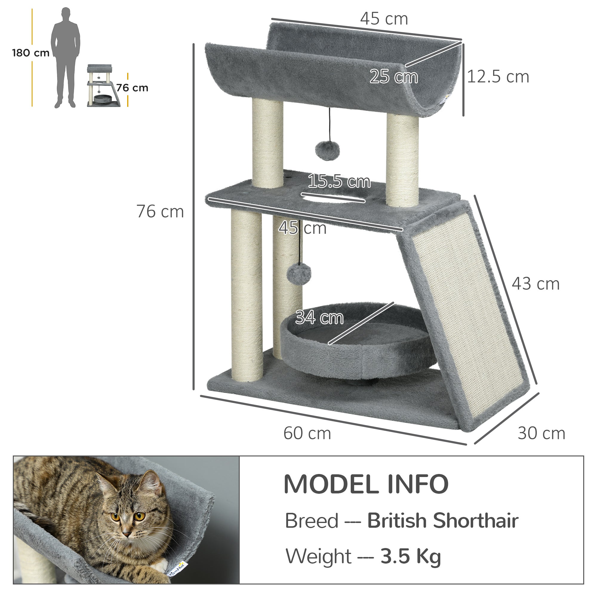 PawHut Cat Tree for Indoor Cats with Scratching Posts Pad, Kitten Tower with Bed Perch Ball Toy, 60 x 30 x 76 cm, Light Grey