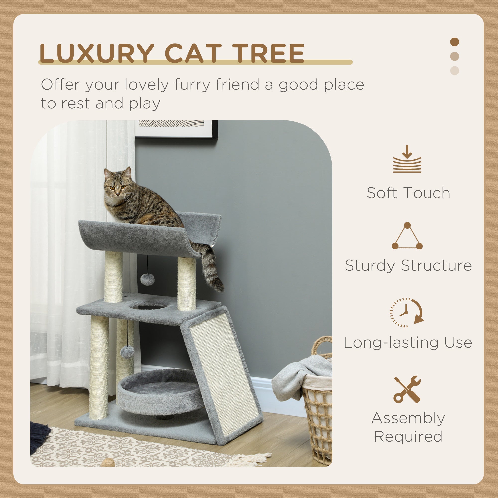 PawHut Cat Tree, Small Cat Tower with Perch, Sisal Scratching Posts, Scratch Pad, Bed, Hanging Balls, for Indoor Cats, Light Grey