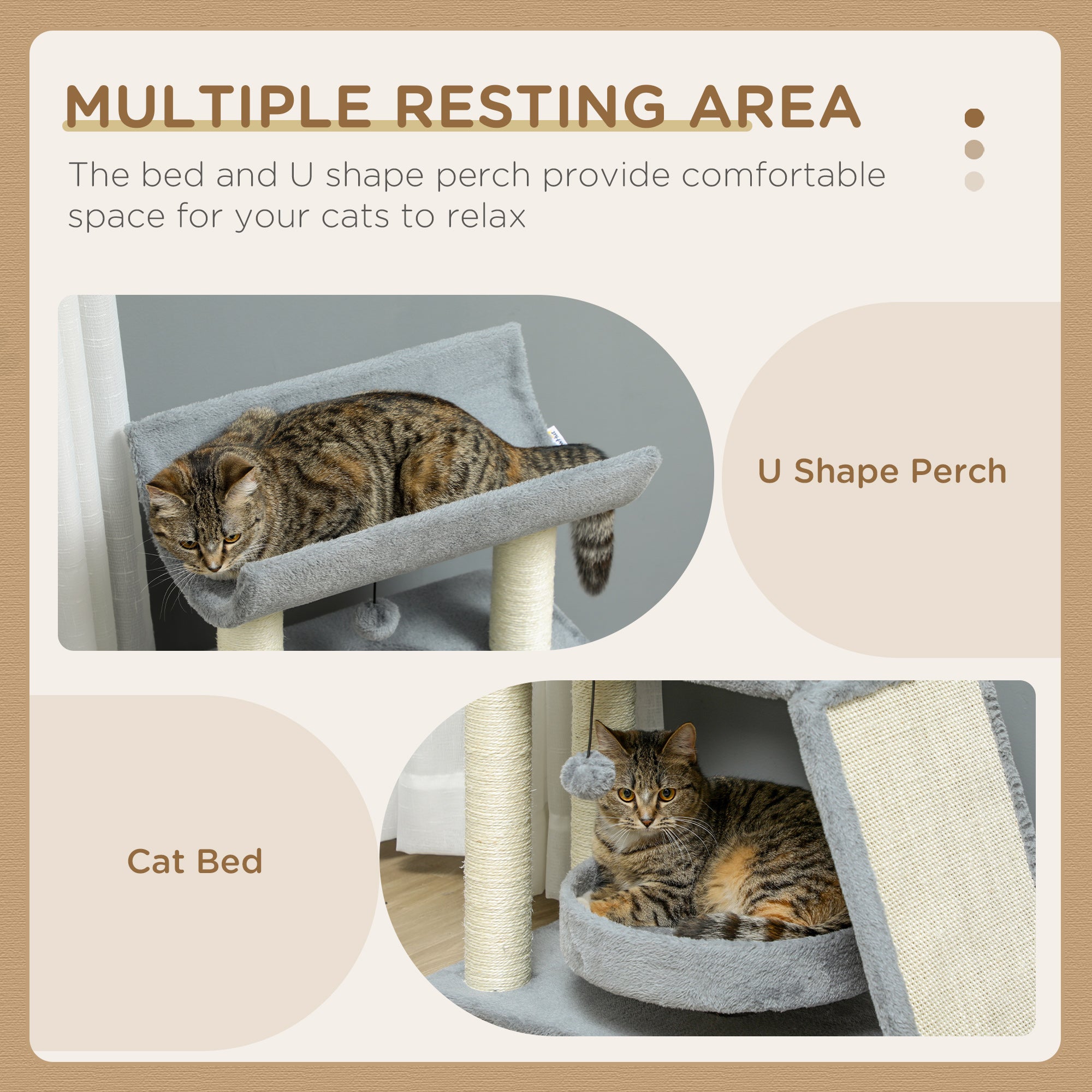 PawHut Cat Tree, Small Cat Tower with Perch, Sisal Scratching Posts, Scratch Pad, Bed, Hanging Balls, for Indoor Cats, Light Grey