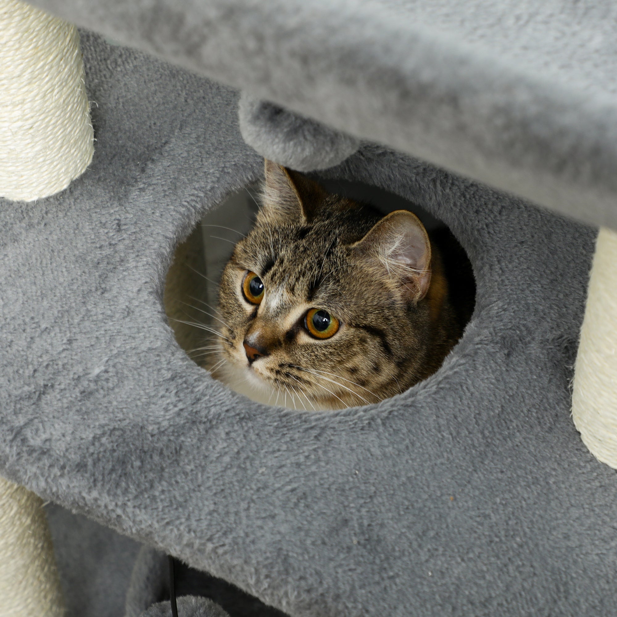 PawHut Cat Tree, Small Cat Tower with Perch, Sisal Scratching Posts, Scratch Pad, Bed, Hanging Balls, for Indoor Cats, Light Grey