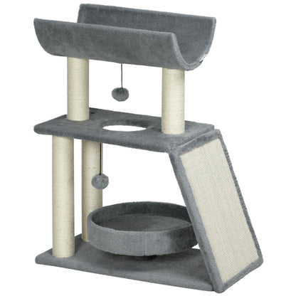 PawHut Cat Tree, Small Cat Tower with Perch, Sisal Scratching Posts, Scratch Pad, Bed, Hanging Balls, for Indoor Cats, Light Grey