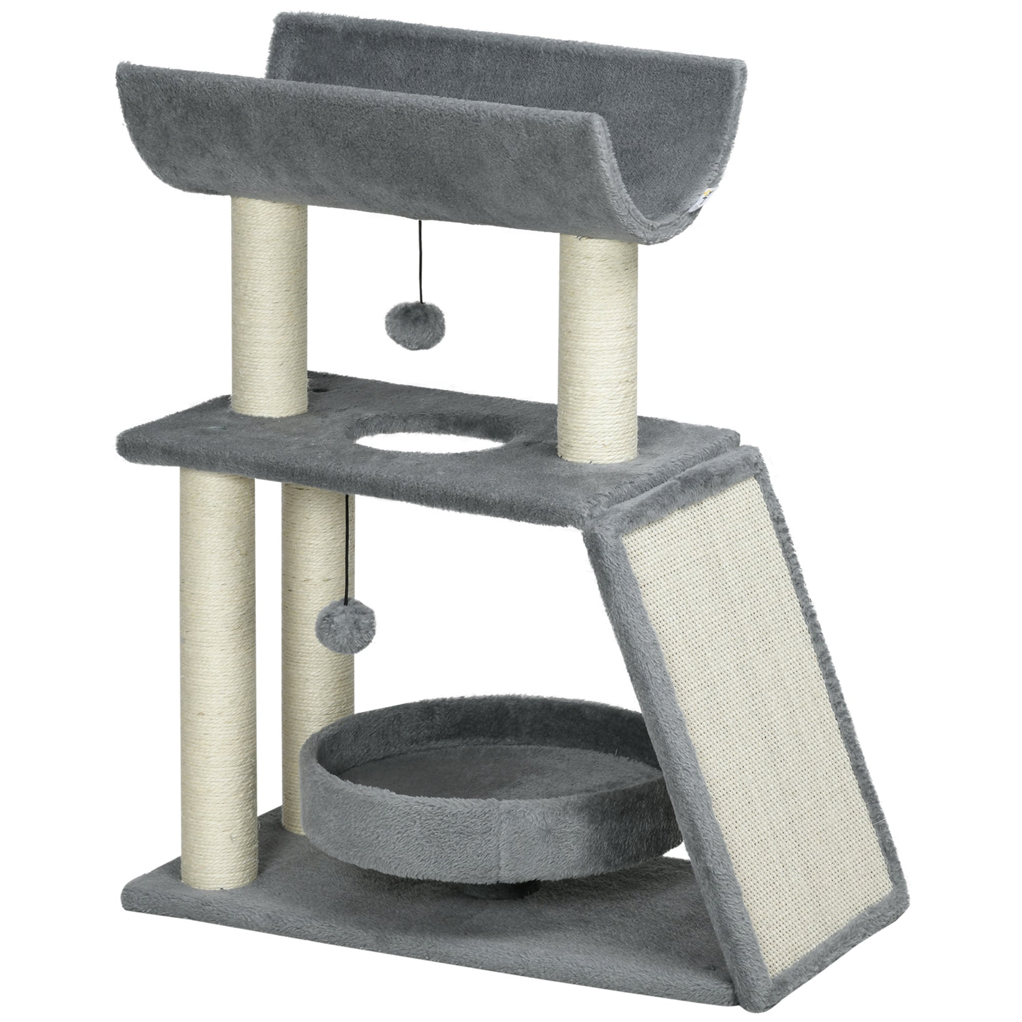 PawHut Cat Tree, Small Cat Tower with Perch, Sisal Scratching Posts, Scratch Pad, Bed, Hanging Balls, for Indoor Cats, Light Grey
