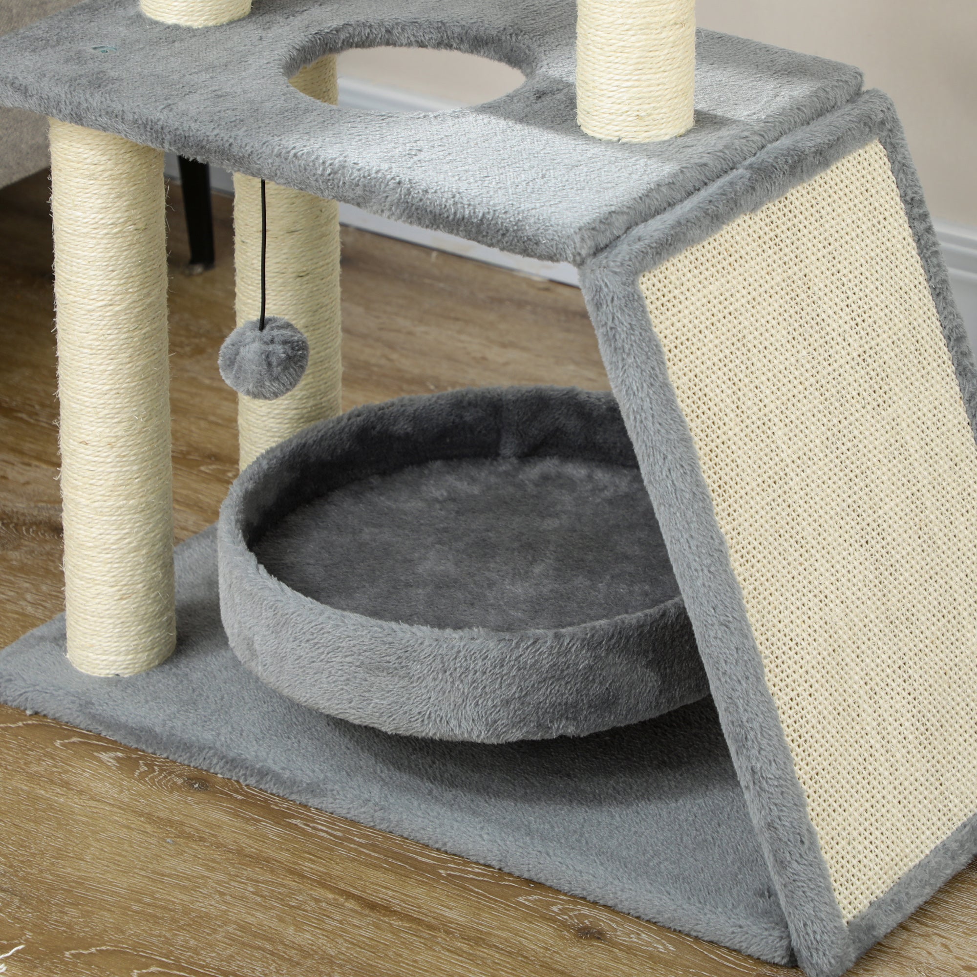 PawHut Cat Tree for Indoor Cats with Scratching Posts Pad, Kitten Tower with Bed Perch Ball Toy, 60 x 30 x 76 cm, Light Grey