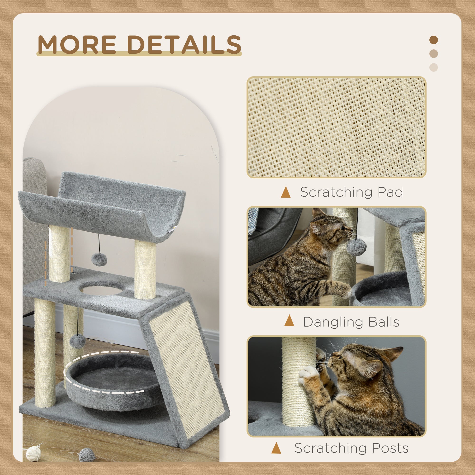 PawHut Cat Tree, Small Cat Tower with Perch, Sisal Scratching Posts, Scratch Pad, Bed, Hanging Balls, for Indoor Cats, Light Grey