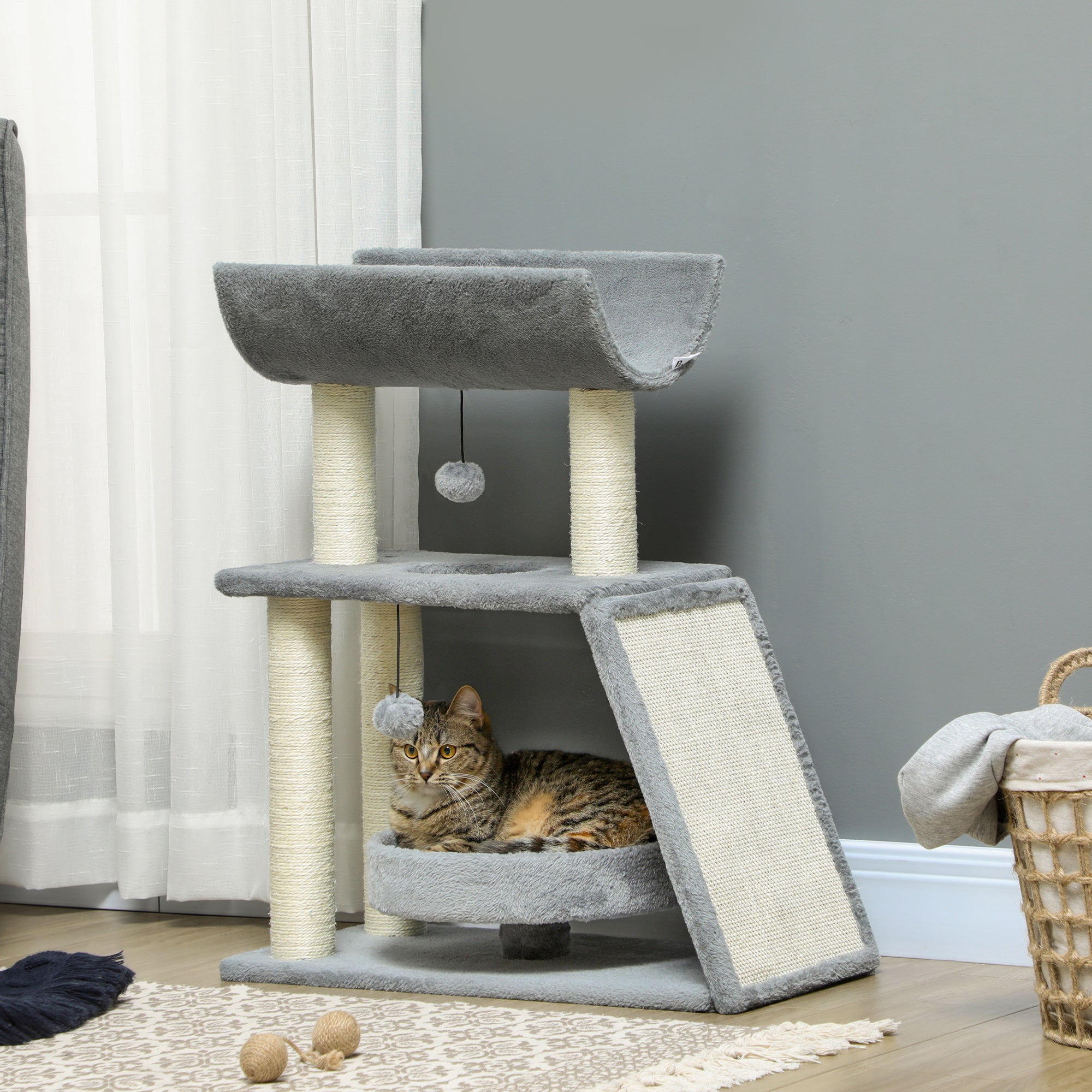 PawHut Cat Tree, Small Cat Tower with Perch, Sisal Scratching Posts, Scratch Pad, Bed, Hanging Balls, for Indoor Cats, Light Grey