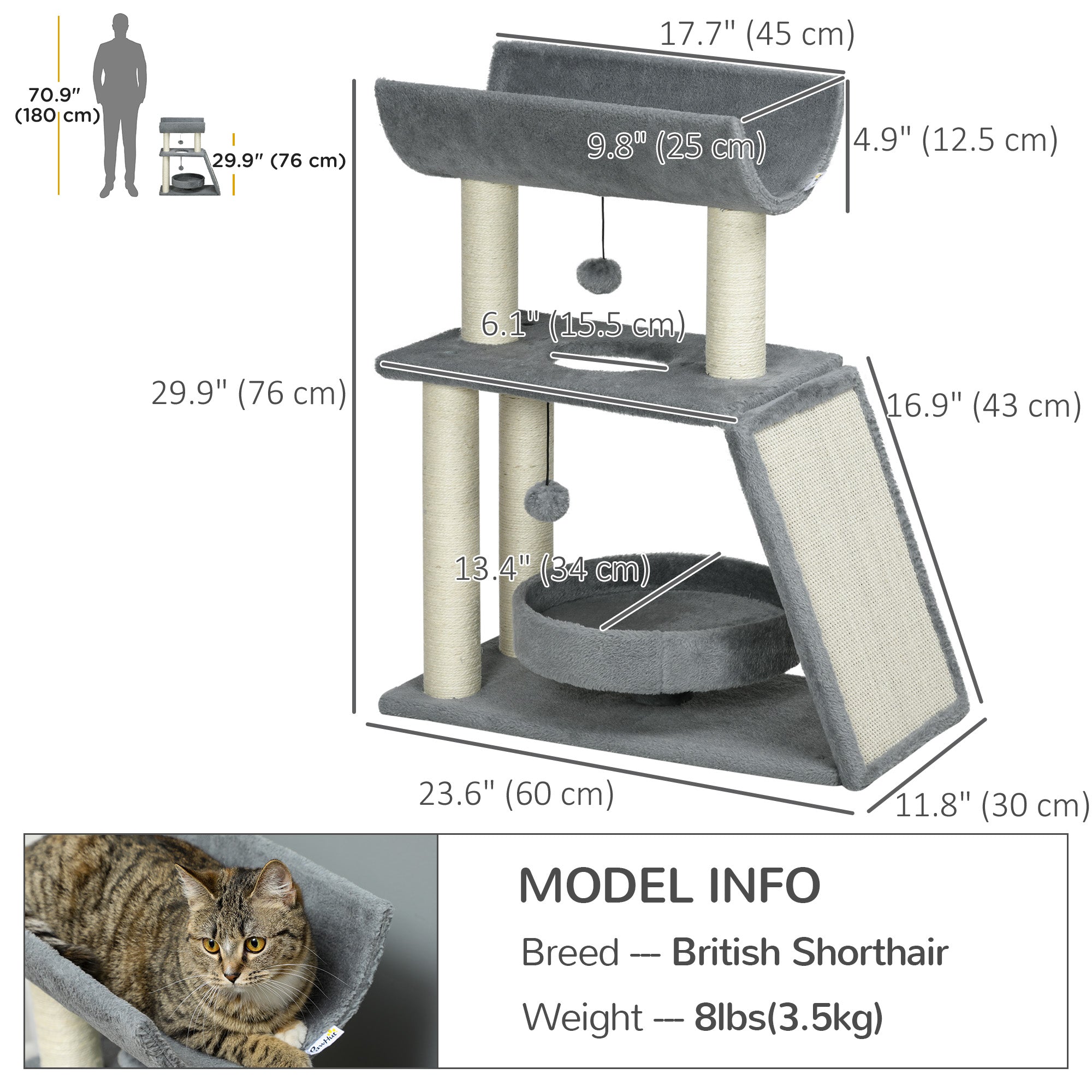 PawHut Cat Tree, Small Cat Tower with Perch, Sisal Scratching Posts, Scratch Pad, Bed, Hanging Balls, for Indoor Cats, Light Grey