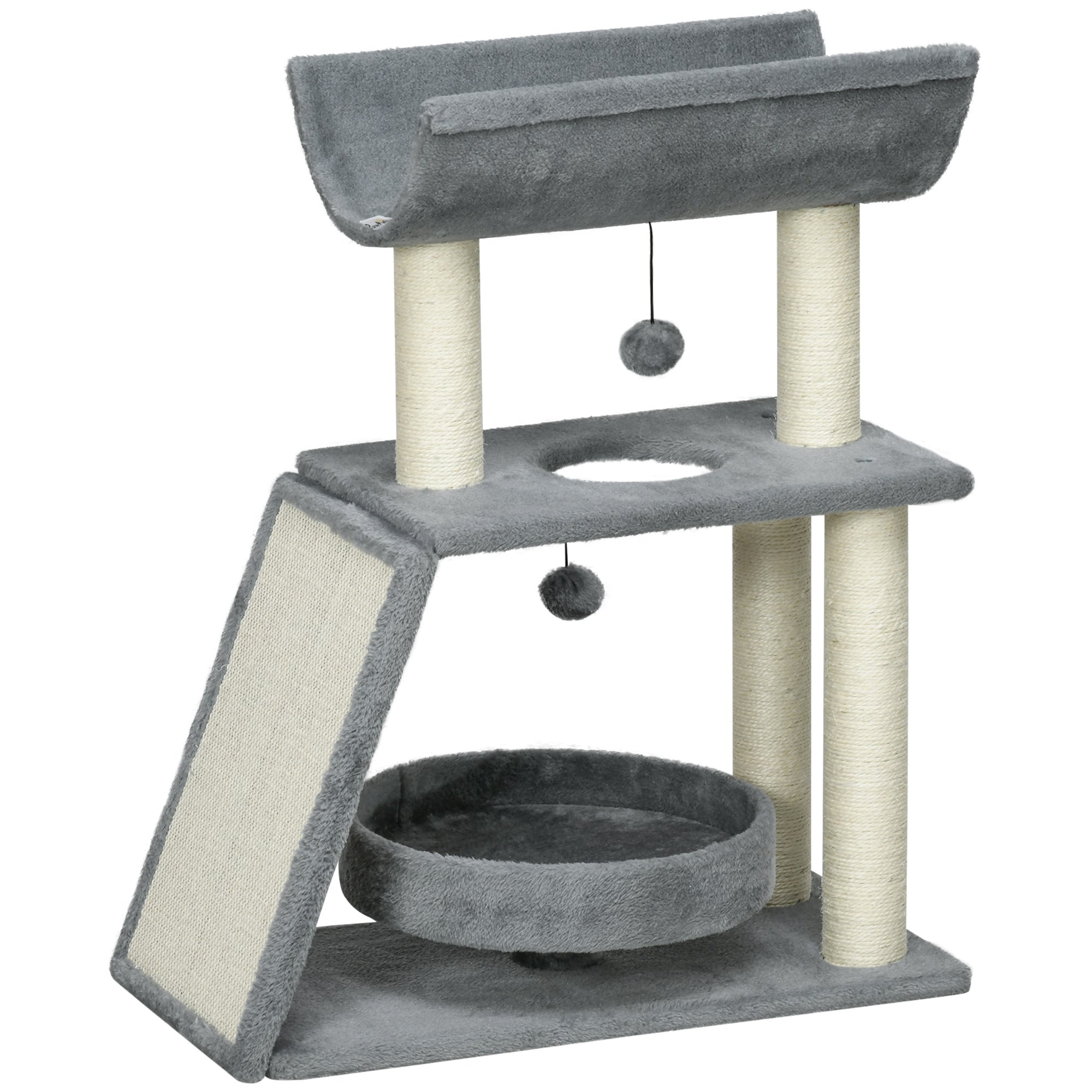 PawHut Cat Tree for Indoor Cats with Scratching Posts Pad, Kitten Tower with Bed Perch Ball Toy, 60 x 30 x 76 cm, Light Grey