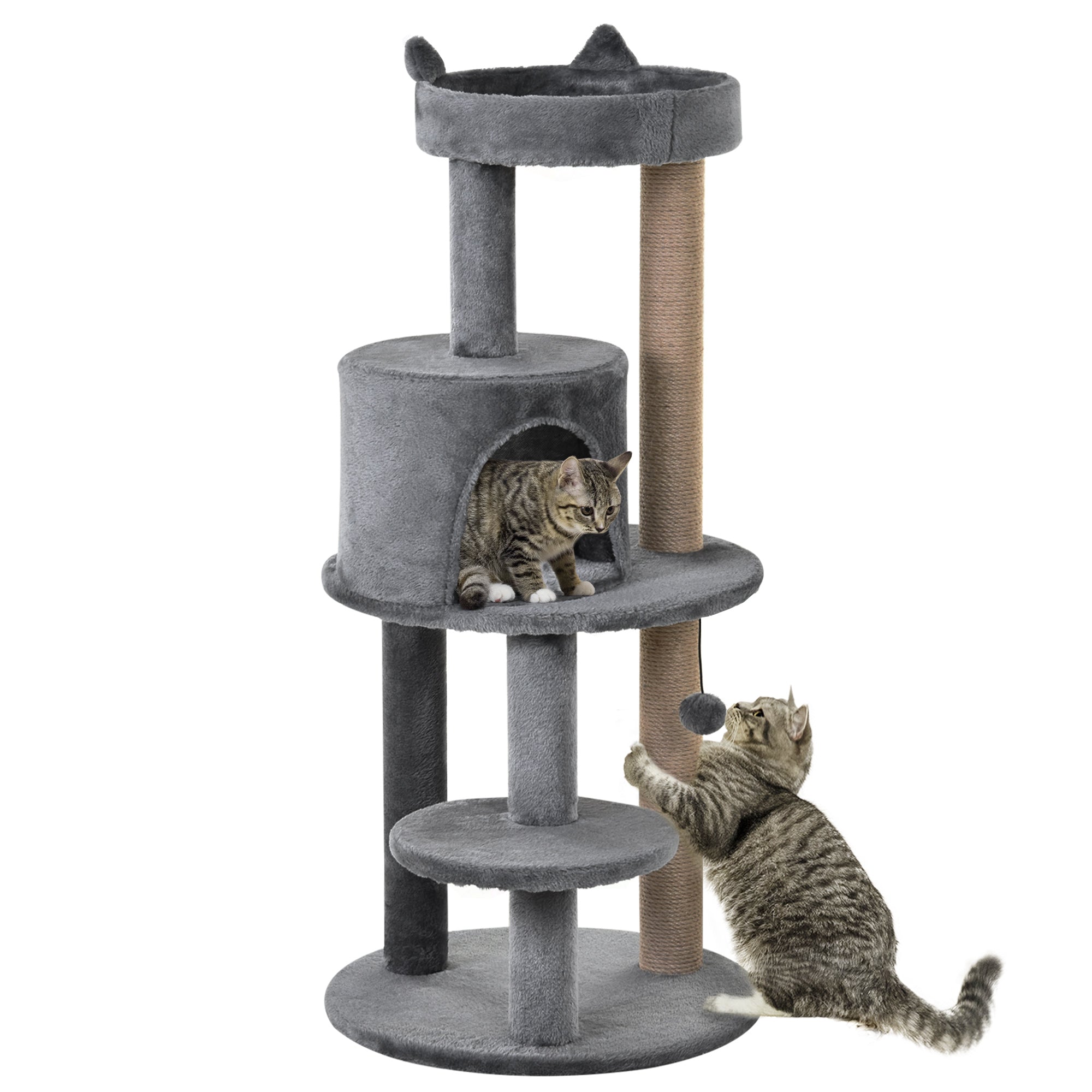 PawHut 41 Inches Cat Tree, Multi-Level Cat Tower with Condo, Cute Cat Activity Center with Sisal Scratching Posts, Plush Perch, Hanging Ball, Grey