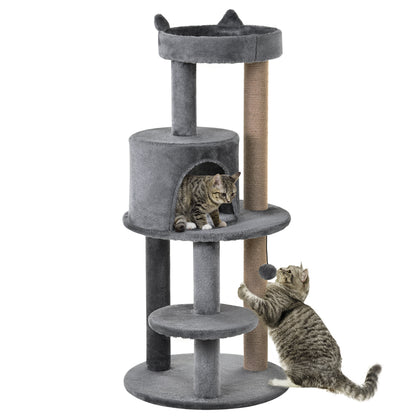 PawHut 41 Inches Cat Tree, Multi-Level Cat Tower with Condo, Cute Cat Activity Center with Sisal Scratching Posts, Plush Perch, Hanging Ball, Grey