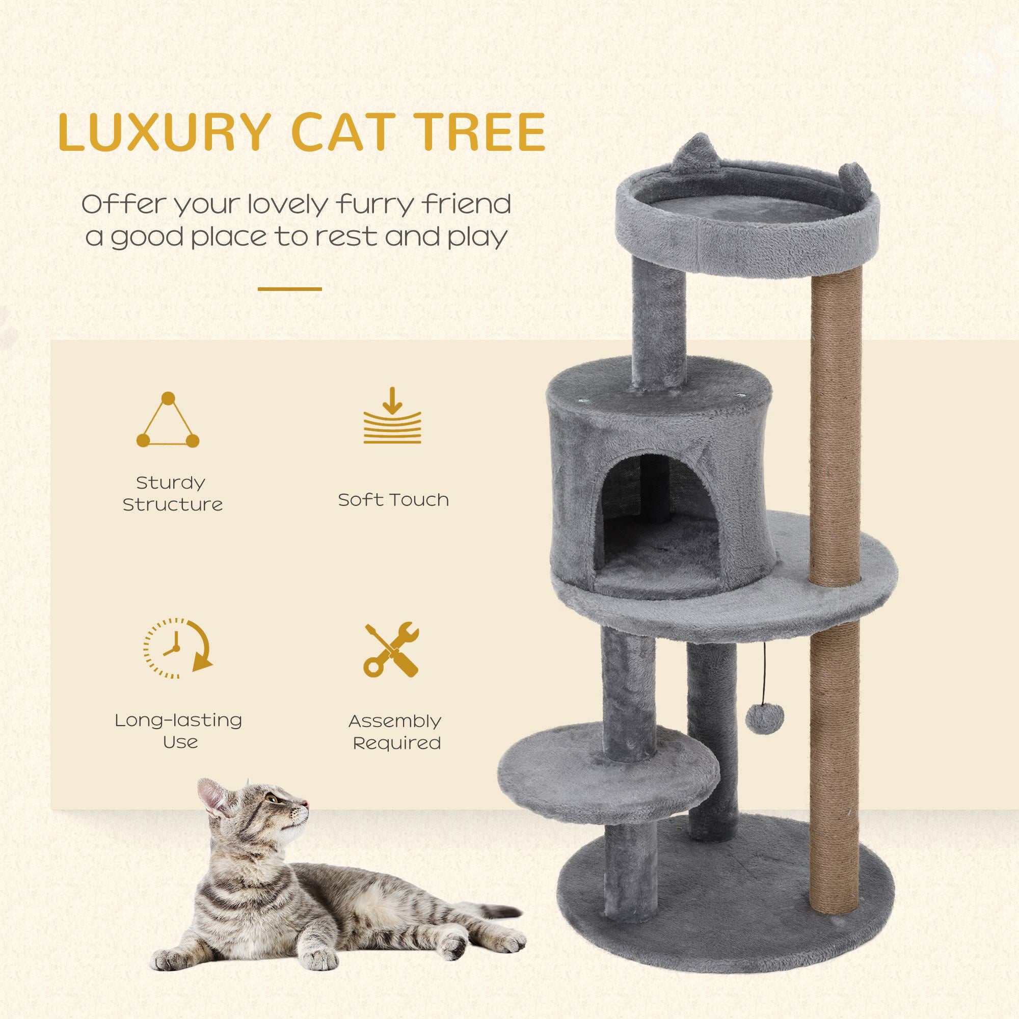 PawHut 41 Inches Cat Tree, Multi-Level Cat Tower with Condo, Cute Cat Activity Center with Sisal Scratching Posts, Plush Perch, Hanging Ball, Grey