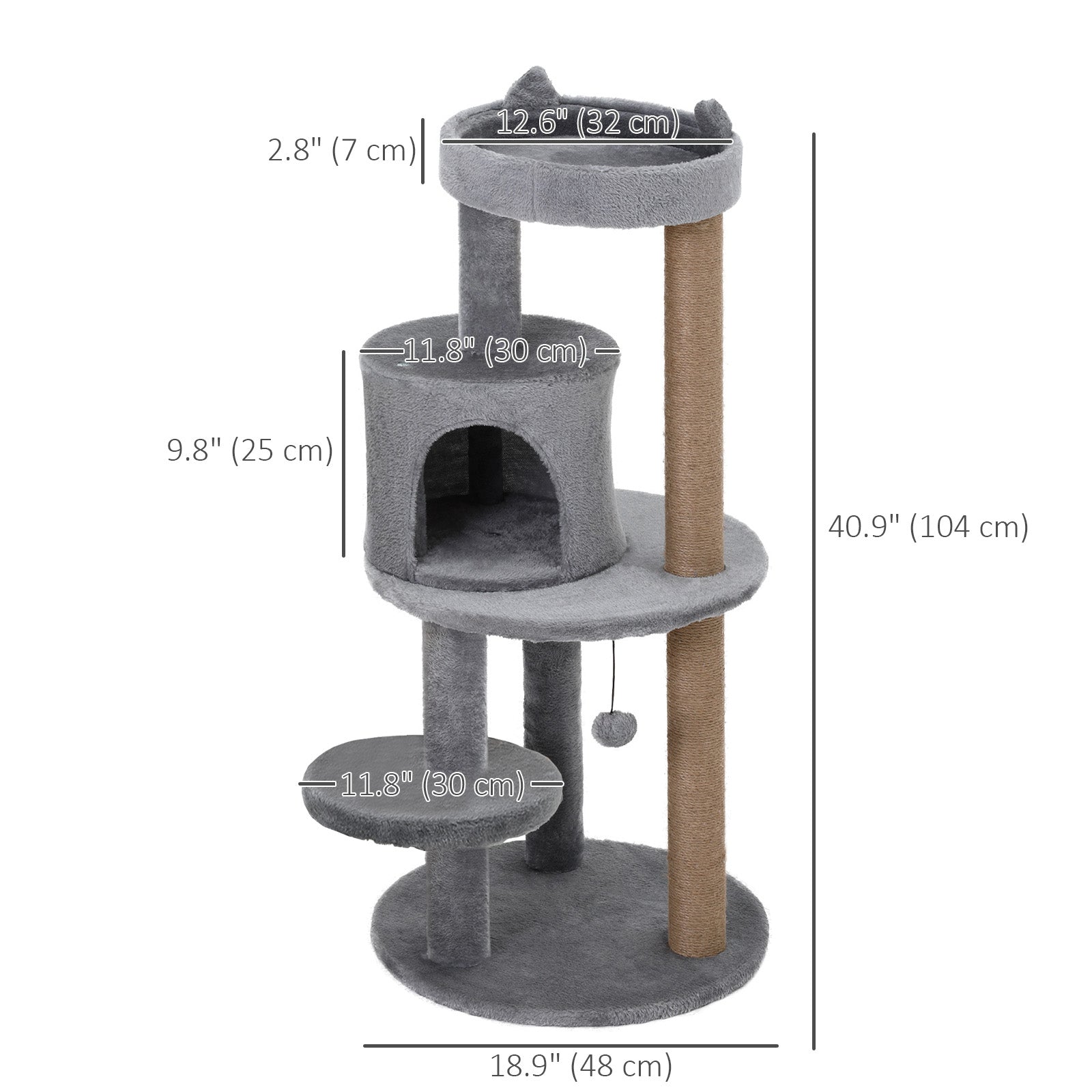 PawHut 41 Inches Cat Tree, Multi-Level Cat Tower with Condo, Cute Cat Activity Center with Sisal Scratching Posts, Plush Perch, Hanging Ball, Grey