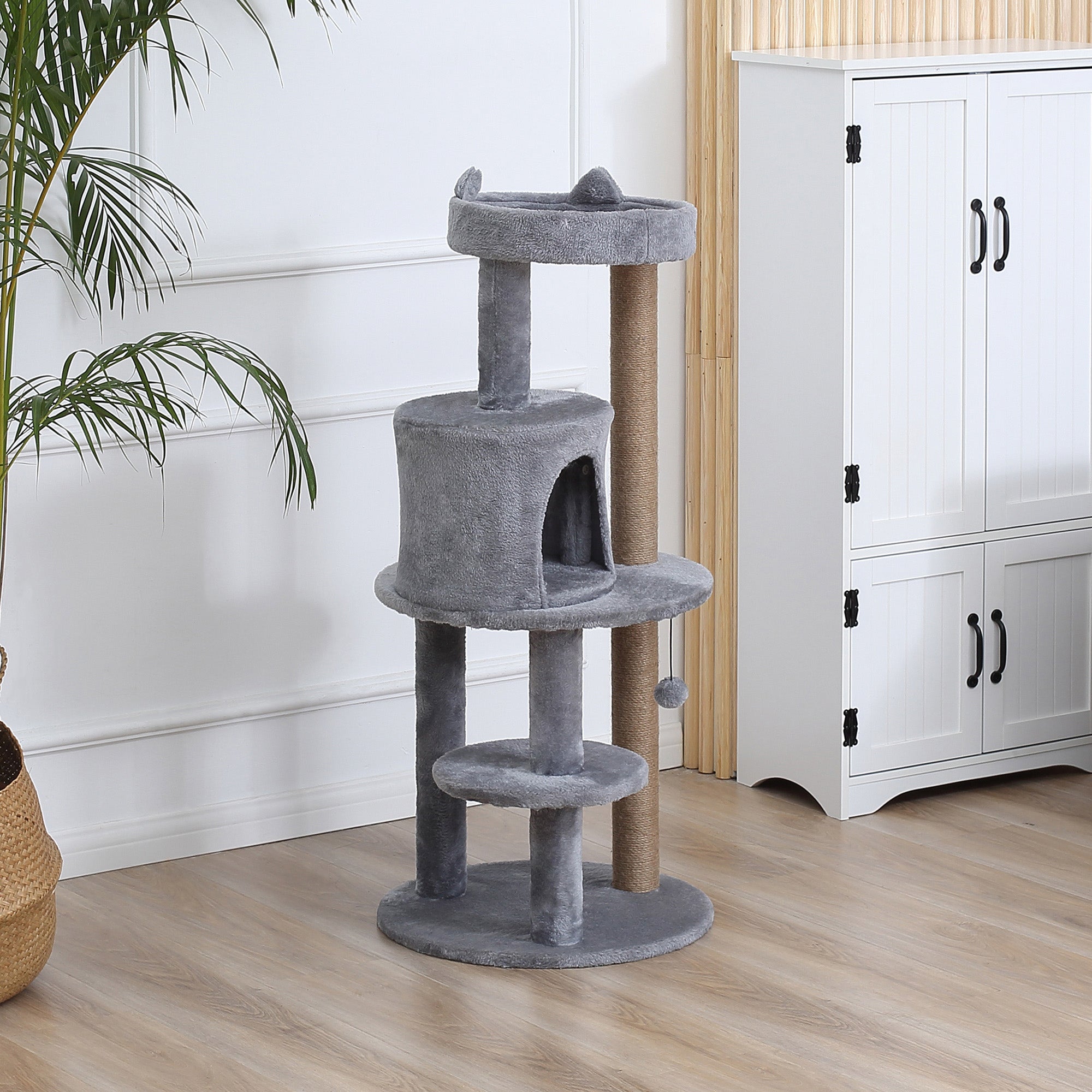 PawHut 104 cm Cat Tree, Cat Condo Tree Tower, Cat Activity Centre with Scratching Posts, Plush Perch, Hanging Ball - Grey