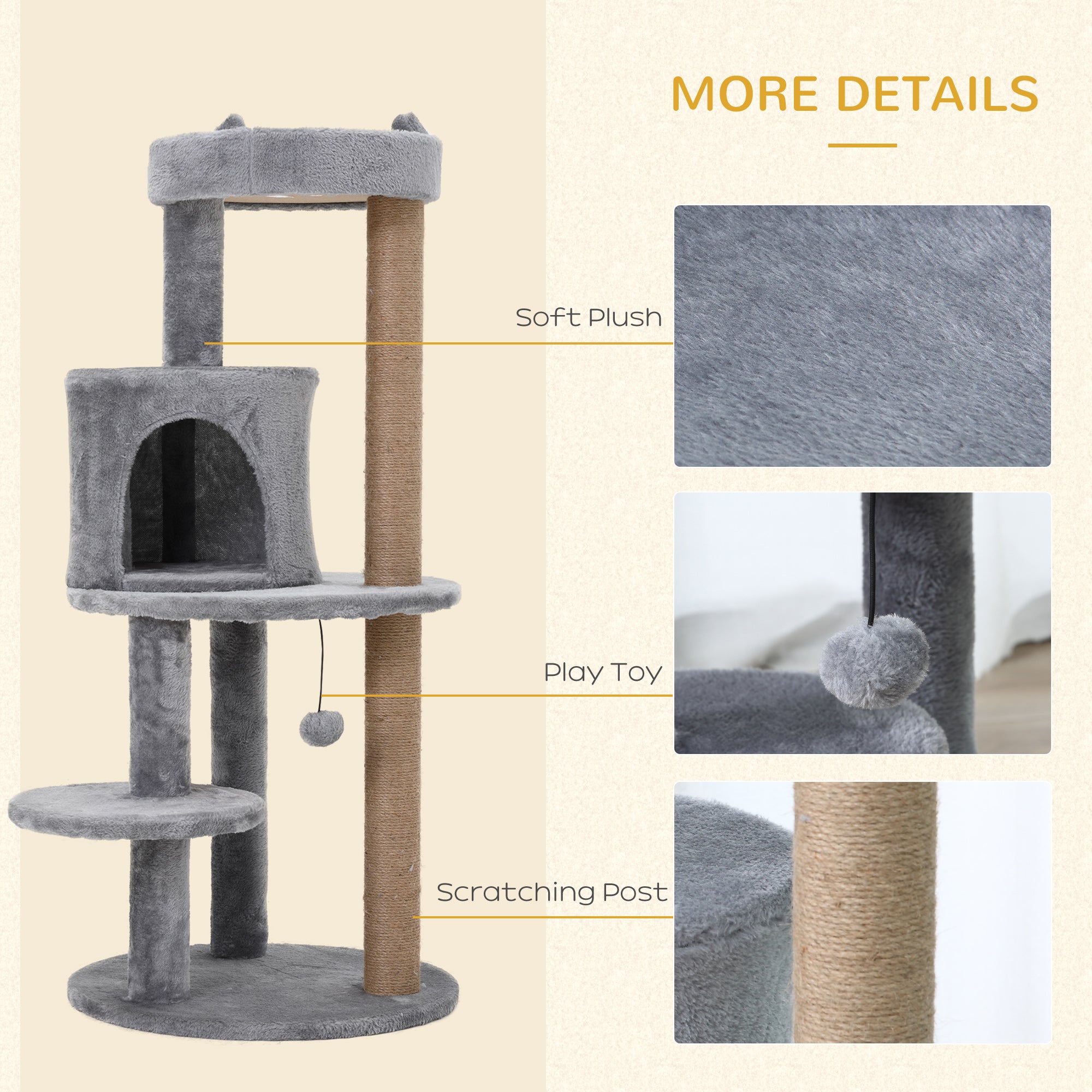 PawHut 41 Inches Cat Tree, Multi-Level Cat Tower with Condo, Cute Cat Activity Center with Sisal Scratching Posts, Plush Perch, Hanging Ball, Grey