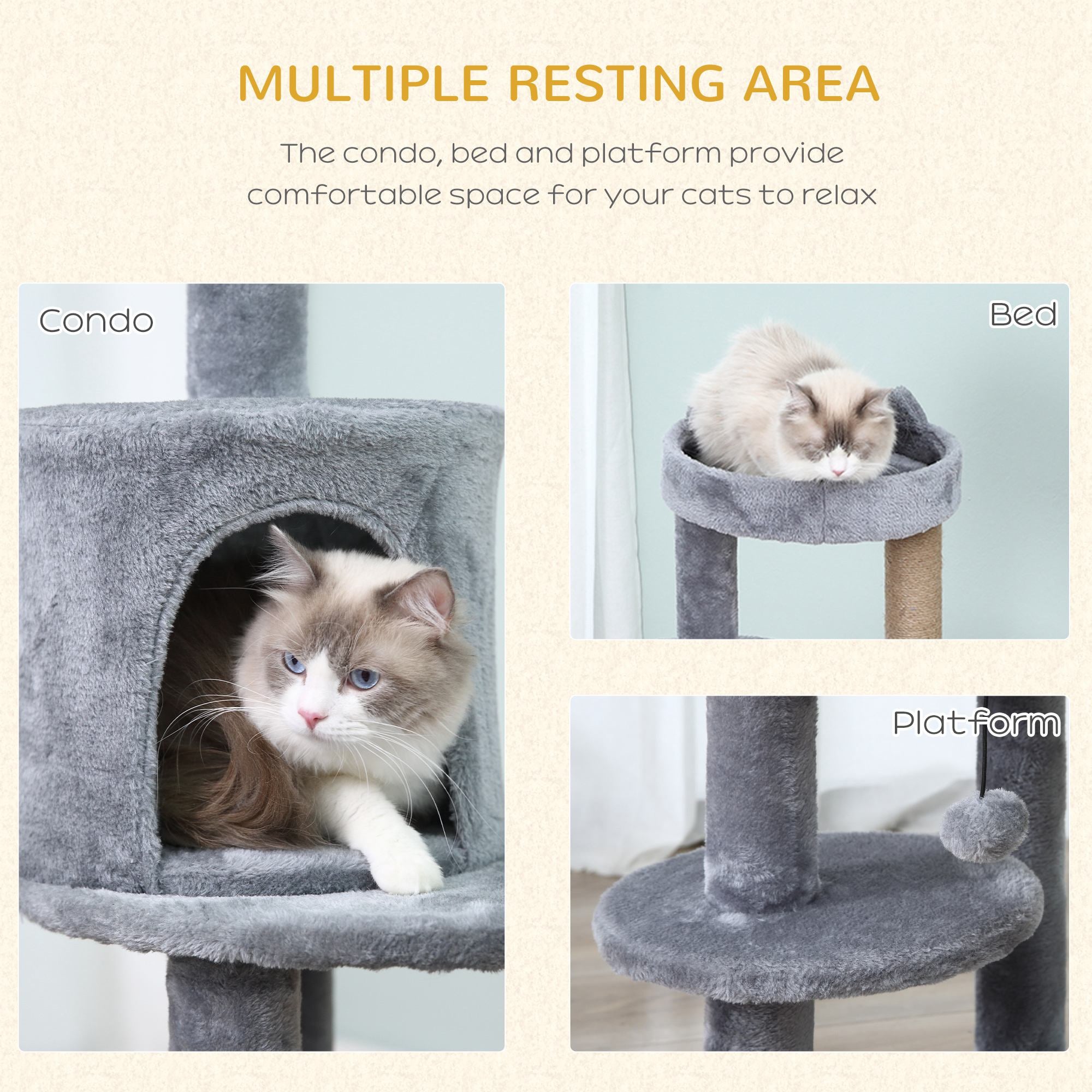 PawHut 41 Inches Cat Tree, Multi-Level Cat Tower with Condo, Cute Cat Activity Center with Sisal Scratching Posts, Plush Perch, Hanging Ball, Grey