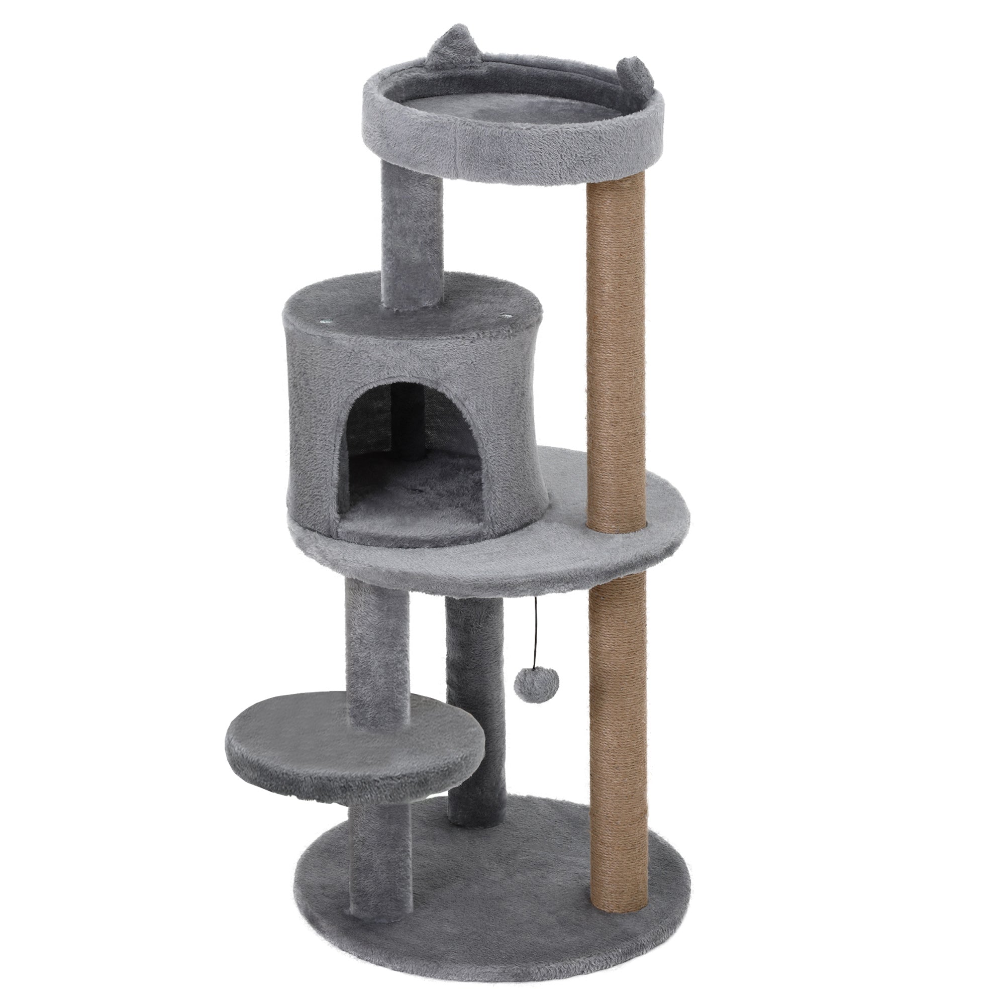 PawHut 41 Inches Cat Tree, Multi-Level Cat Tower with Condo, Cute Cat Activity Center with Sisal Scratching Posts, Plush Perch, Hanging Ball, Grey