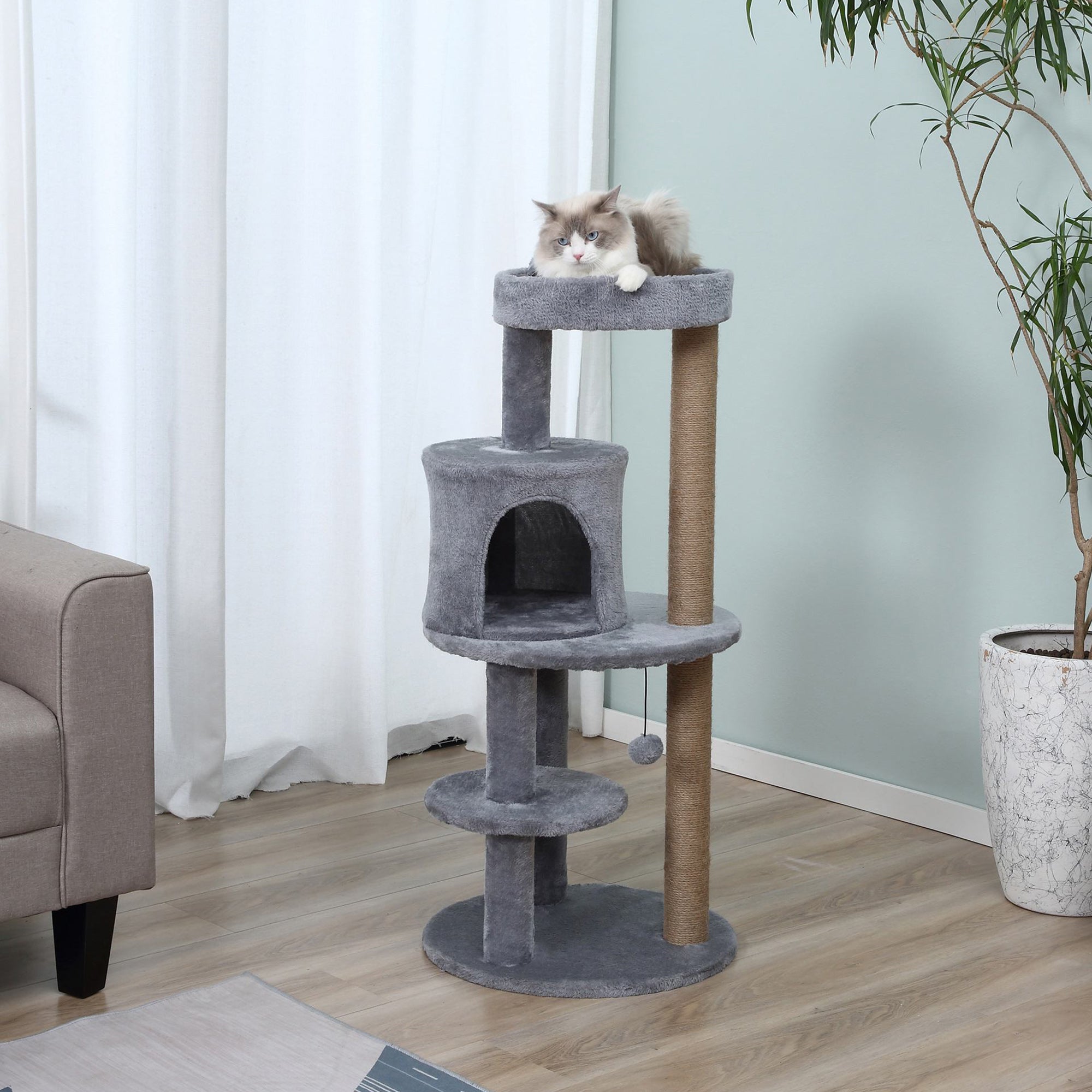 PawHut 41 Inches Cat Tree, Multi-Level Cat Tower with Condo, Cute Cat Activity Center with Sisal Scratching Posts, Plush Perch, Hanging Ball, Grey