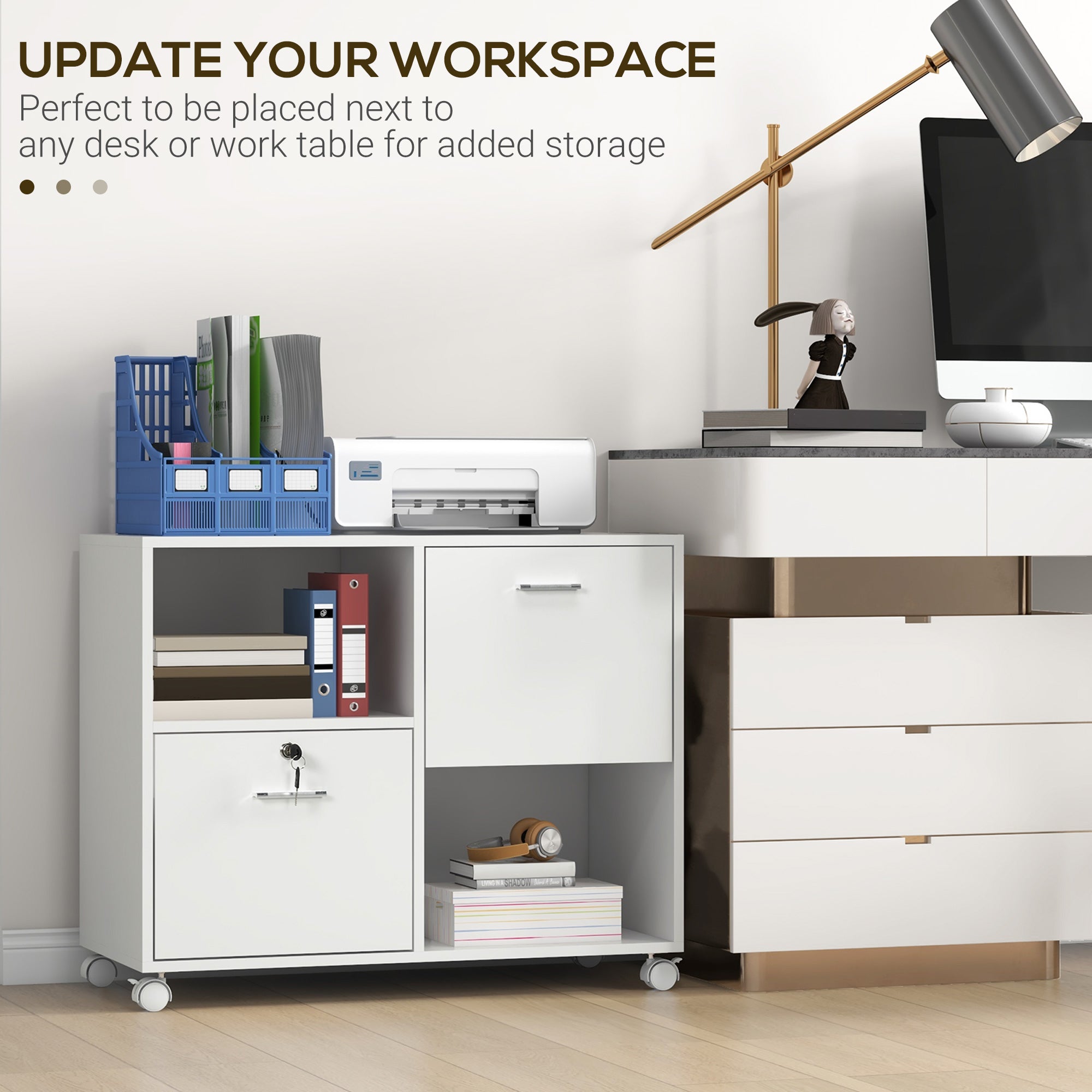 Vinsetto Lateral Filing Cabinet with Drawers and Lock, File Cabinet, Mobile Printer Stand with Open Shelves and Wheels for Letter and A4 Size Documents, White