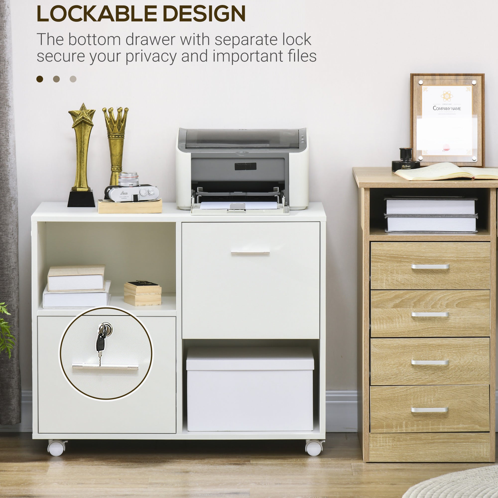 Vinsetto Lateral Filing Cabinet with Drawers and Lock, File Cabinet, Mobile Printer Stand with Open Shelves and Wheels for Letter and A4 Size Documents, White
