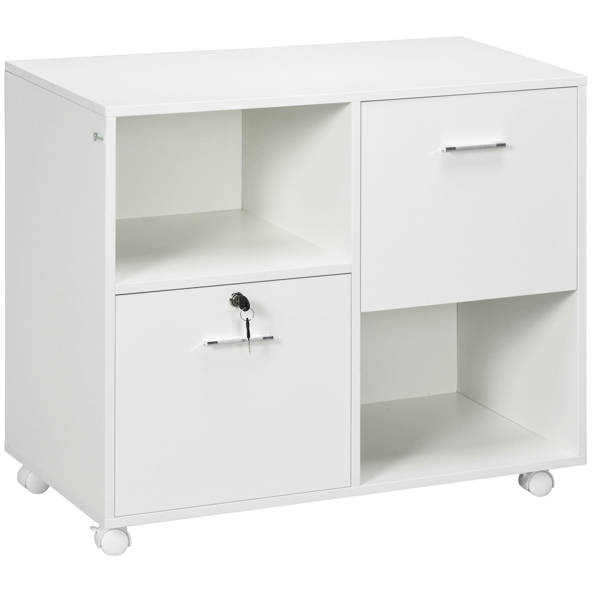 Vinsetto Lateral Filing Cabinet with Drawers and Lock, File Cabinet, Mobile Printer Stand with Open Shelves and Wheels for Letter and A4 Size Documents, White