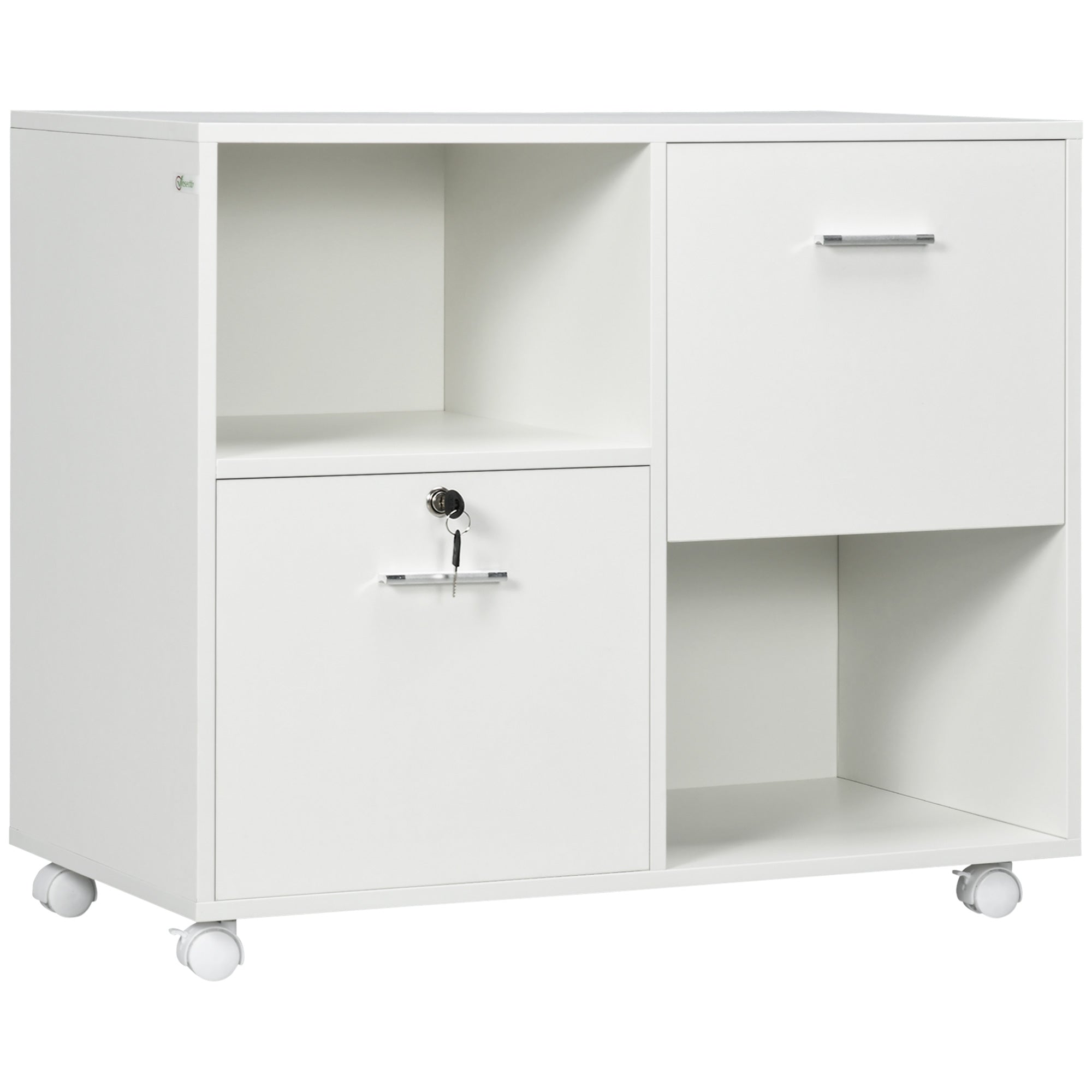 Vinsetto Lateral Filing Cabinet with Drawers and Lock, File Cabinet, Mobile Printer Stand with Open Shelves and Wheels for Letter and A4 Size Documents, White