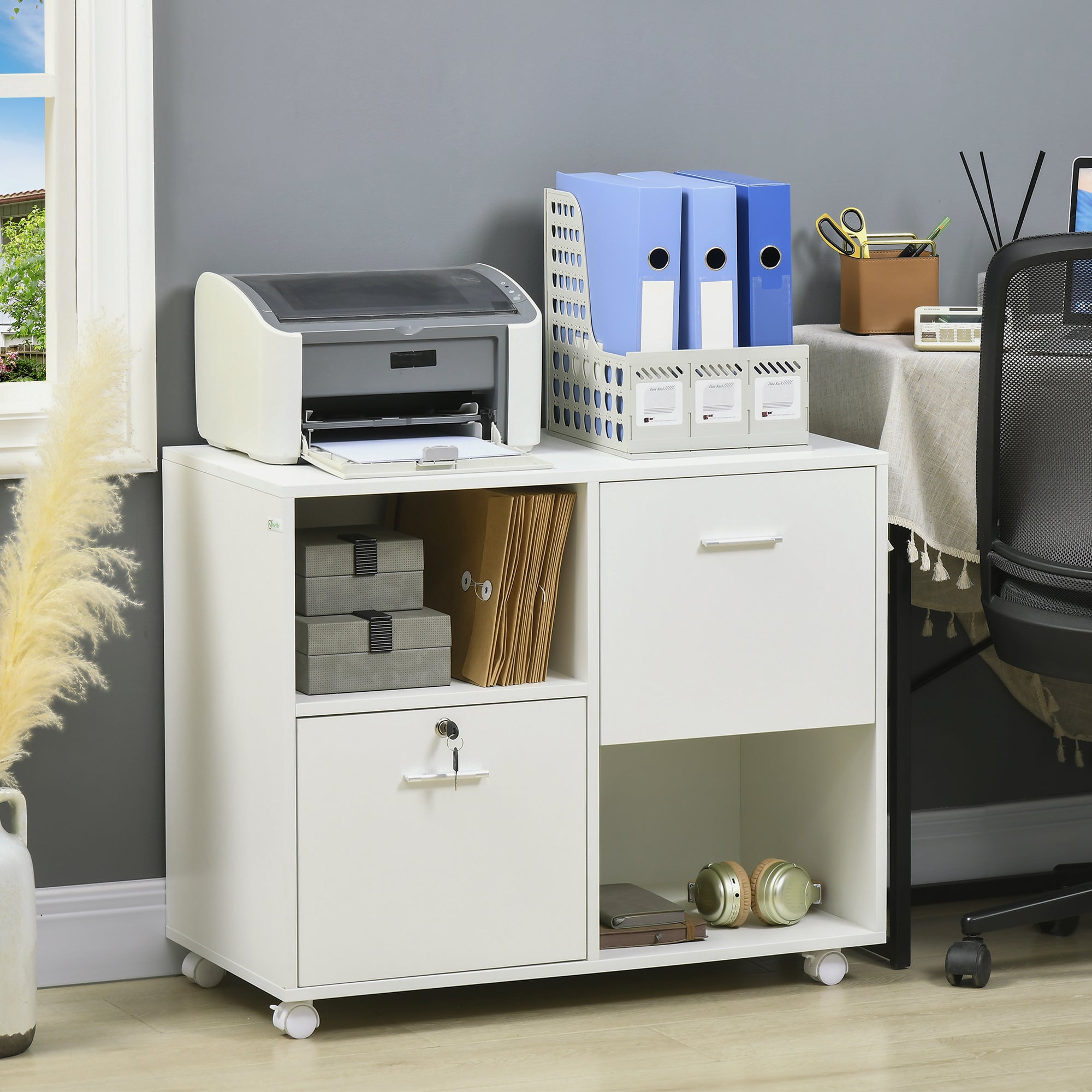 Vinsetto Lateral Filing Cabinet with Drawers and Lock, File Cabinet, Mobile Printer Stand with Open Shelves and Wheels for Letter and A4 Size Documents, White