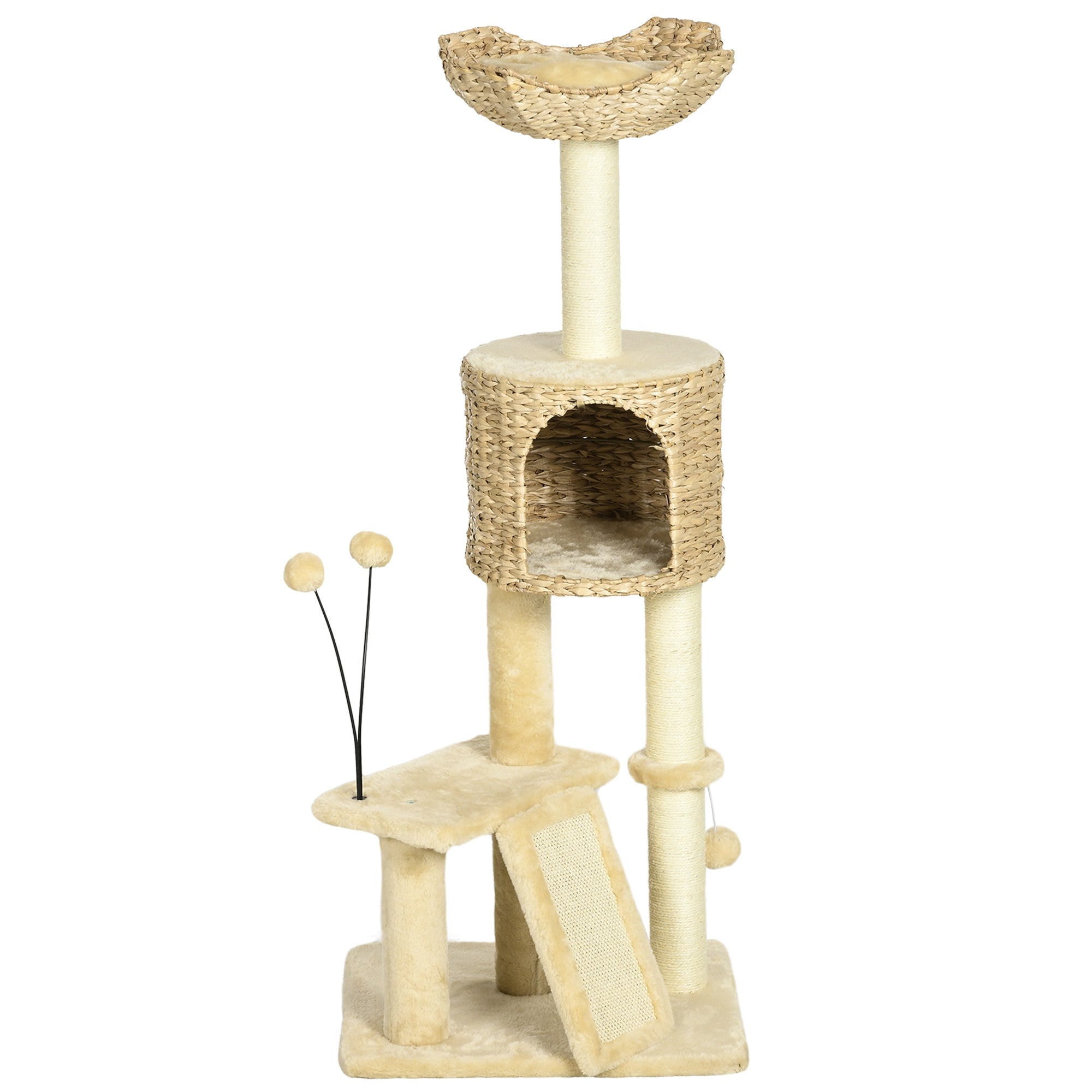 PawHut 116cm Cat Tree for Indoor Cats, Cat Tower with Scratching Posts, Ramp, Cat House, Toy Balls, Platforms, Bed, Ramp - Beige