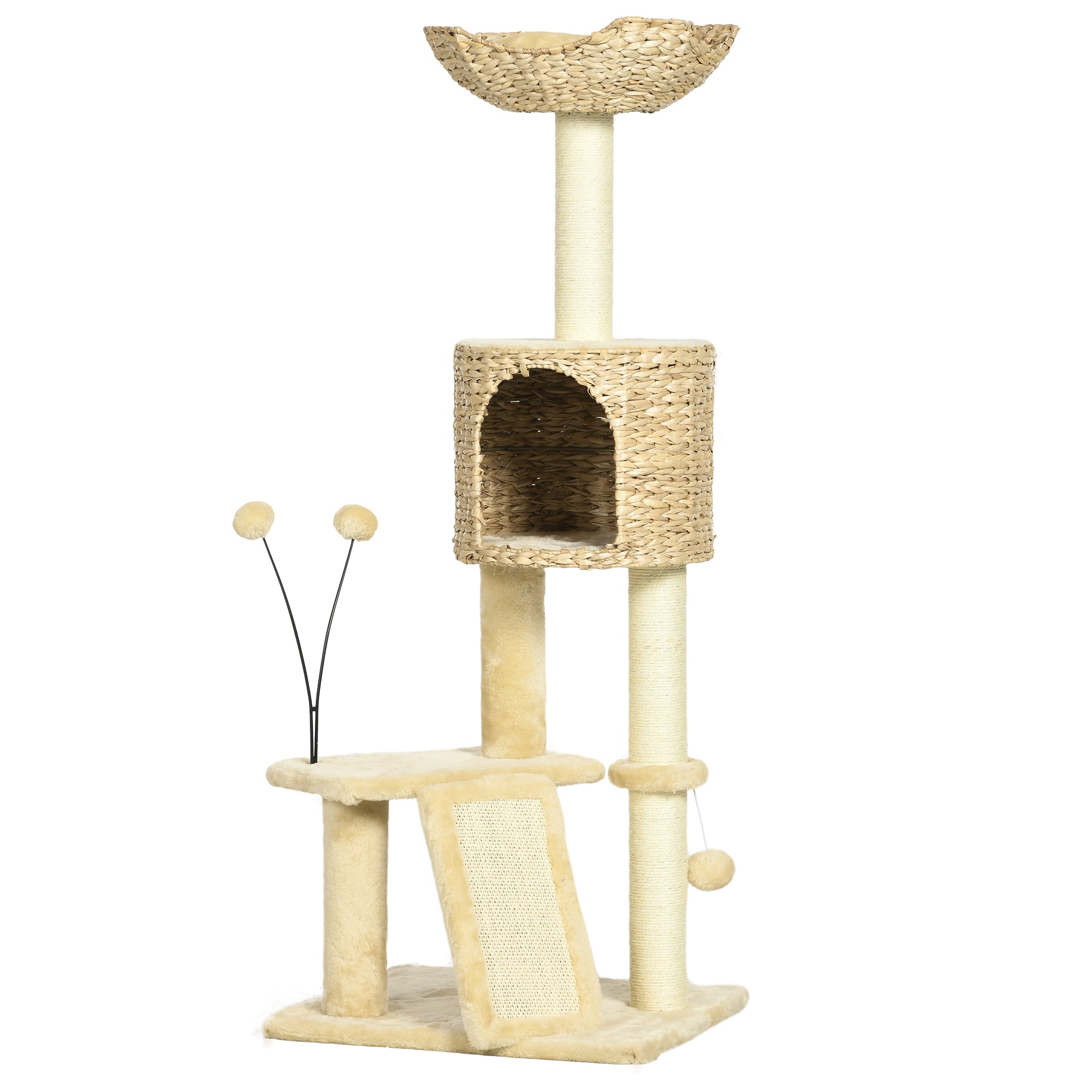 PawHut 116cm Cat Tree for Indoor Cats, Cat Tower with Scratching Posts, Ramp, Cat House, Toy Balls, Platforms, Bed, Ramp - Beige