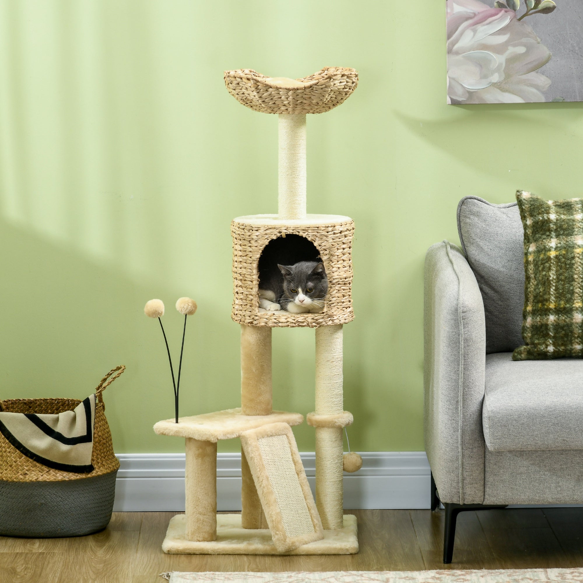 PawHut 116cm Cat Tree for Indoor Cats, Cat Tower with Scratching Posts, Ramp, Cat House, Toy Balls, Platforms, Bed, Ramp - Beige