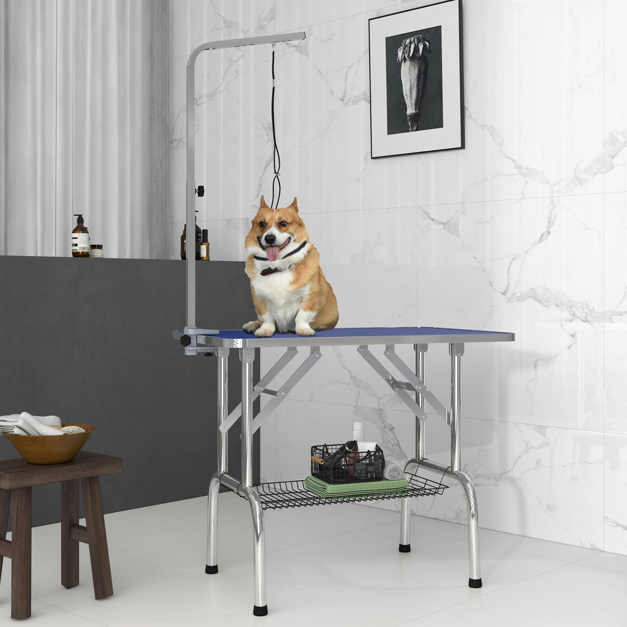 PawHut 36" Dog Grooming Table with Adjustable Grooming Arm, Pet Grooming Table for Dogs with Storage Shelf, Foldable Design, Blue