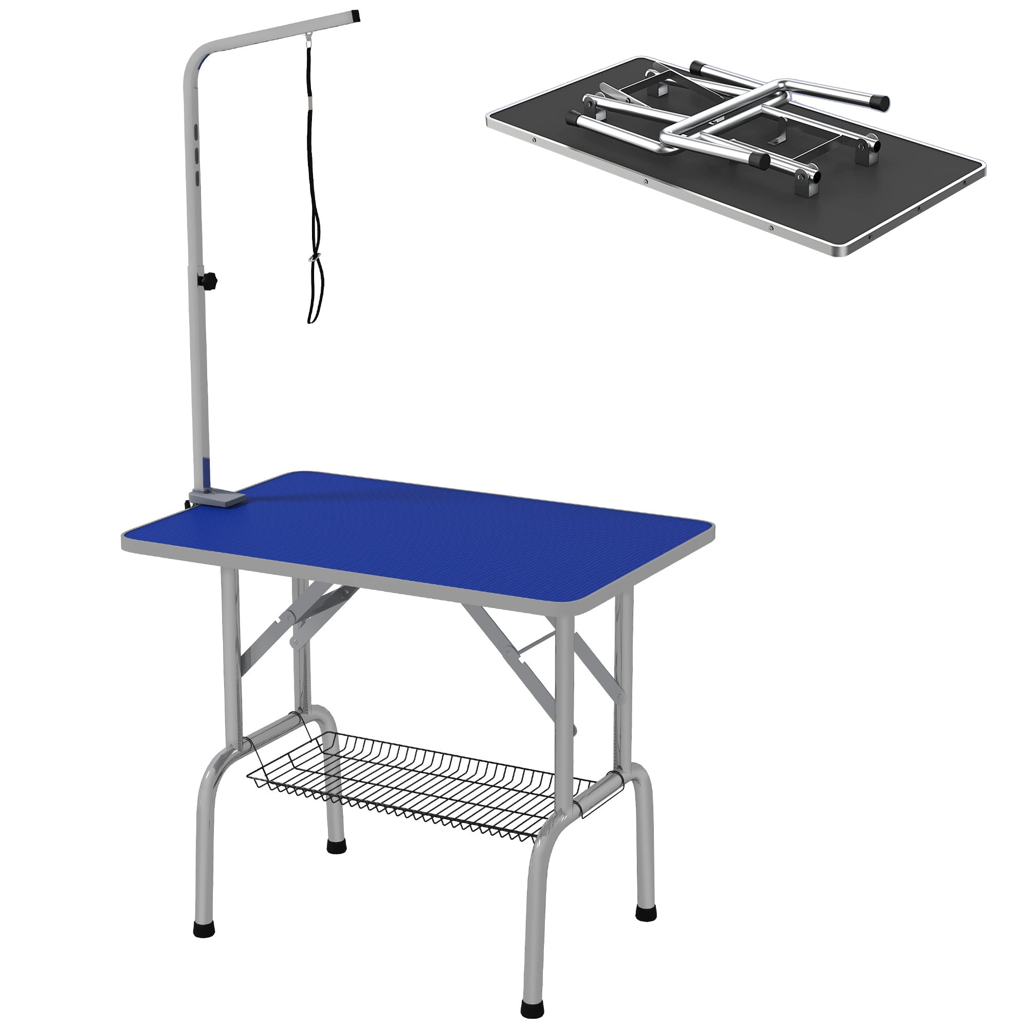 PawHut 36" Dog Grooming Table with Adjustable Grooming Arm, Pet Grooming Table for Dogs with Storage Shelf, Foldable Design, Blue