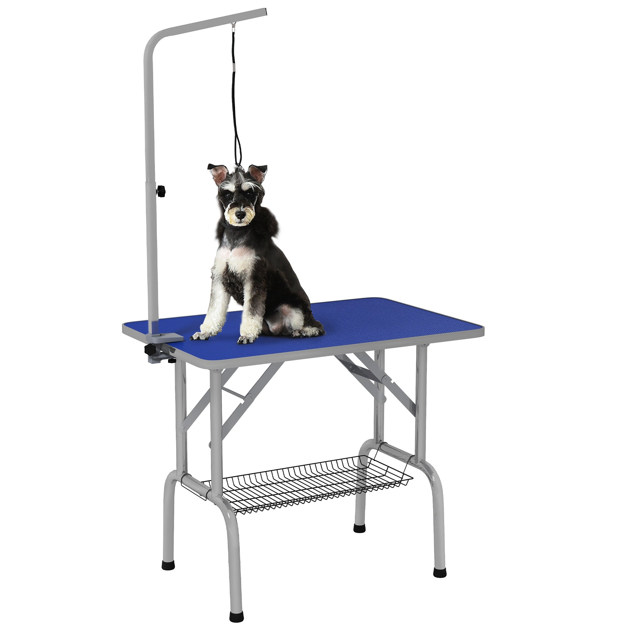 PawHut 36" Dog Grooming Table with Adjustable Grooming Arm, Pet Grooming Table for Dogs with Storage Shelf, Foldable Design, Blue