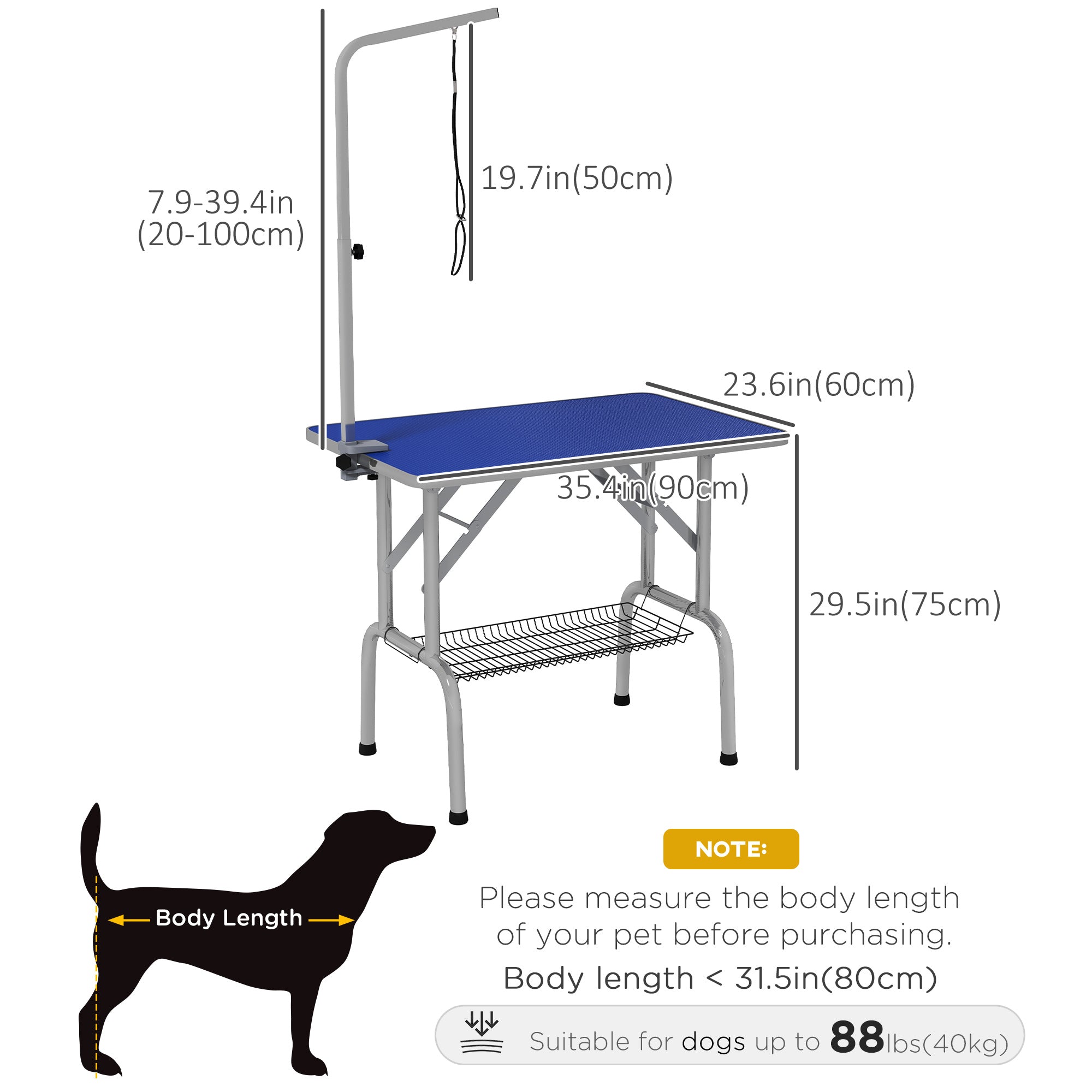 PawHut 36" Dog Grooming Table with Adjustable Grooming Arm, Pet Grooming Table for Dogs with Storage Shelf, Foldable Design, Blue