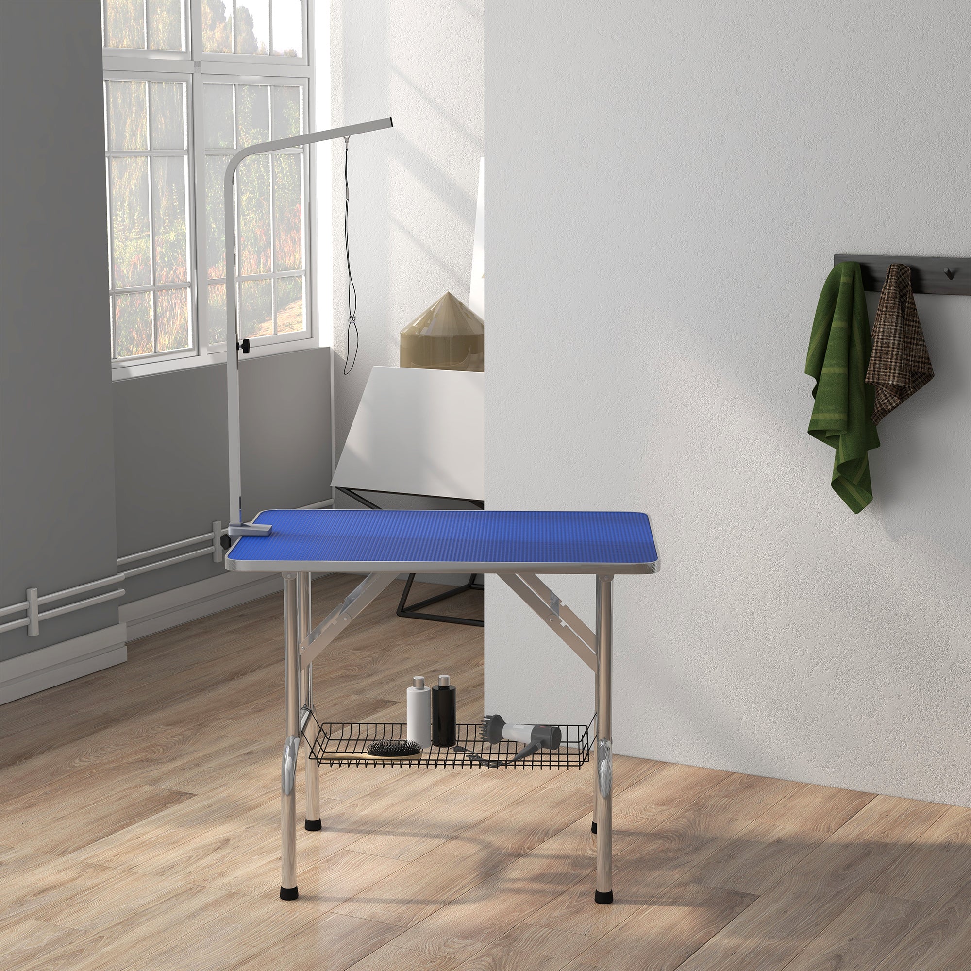 PawHut 36" Dog Grooming Table with Adjustable Grooming Arm, Pet Grooming Table for Dogs with Storage Shelf, Foldable Design, Blue