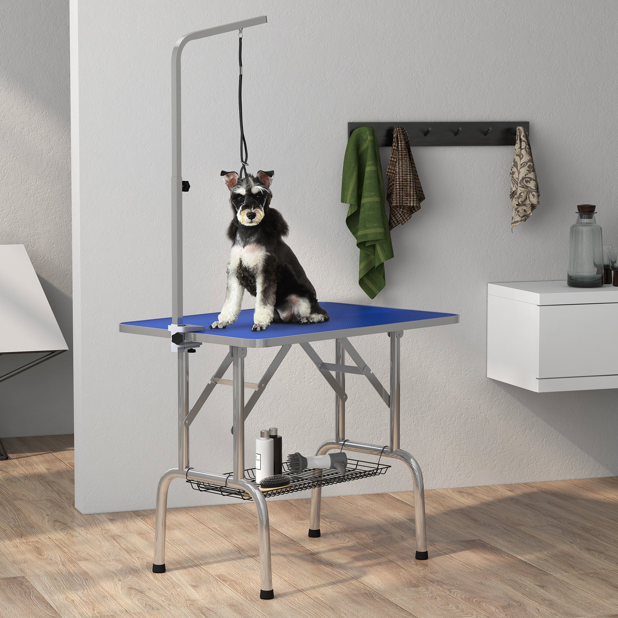 PawHut 36" Dog Grooming Table with Adjustable Grooming Arm, Pet Grooming Table for Dogs with Storage Shelf, Foldable Design, Blue