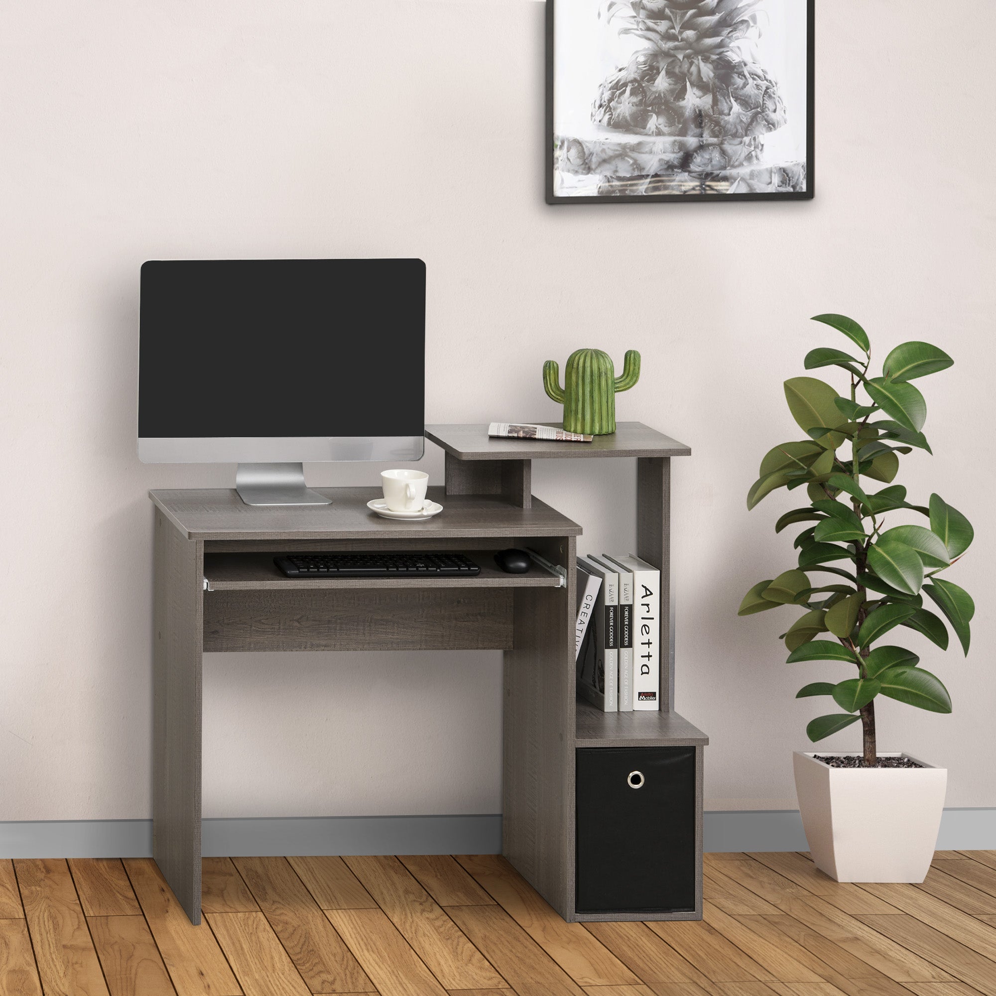 HOMCOM Computer Desk with Sliding Keyboard Tray Storage Drawer Shelf Home Office Workstation Grey