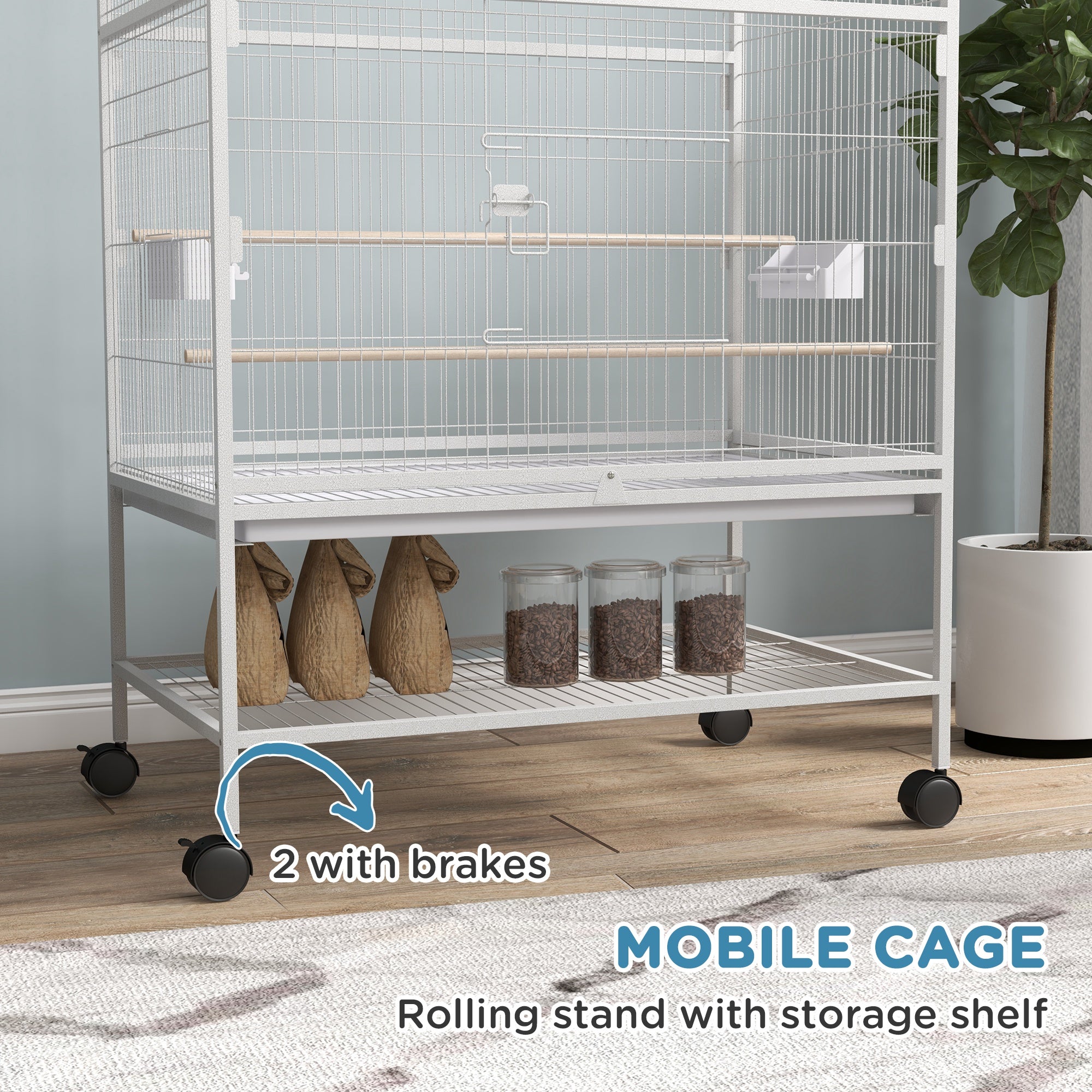 PawHut 52" Large Rolling Steel Bird Cage Bird House with Rolling Stand, Storage Shelf, Wood Perch, Food Container, Grey