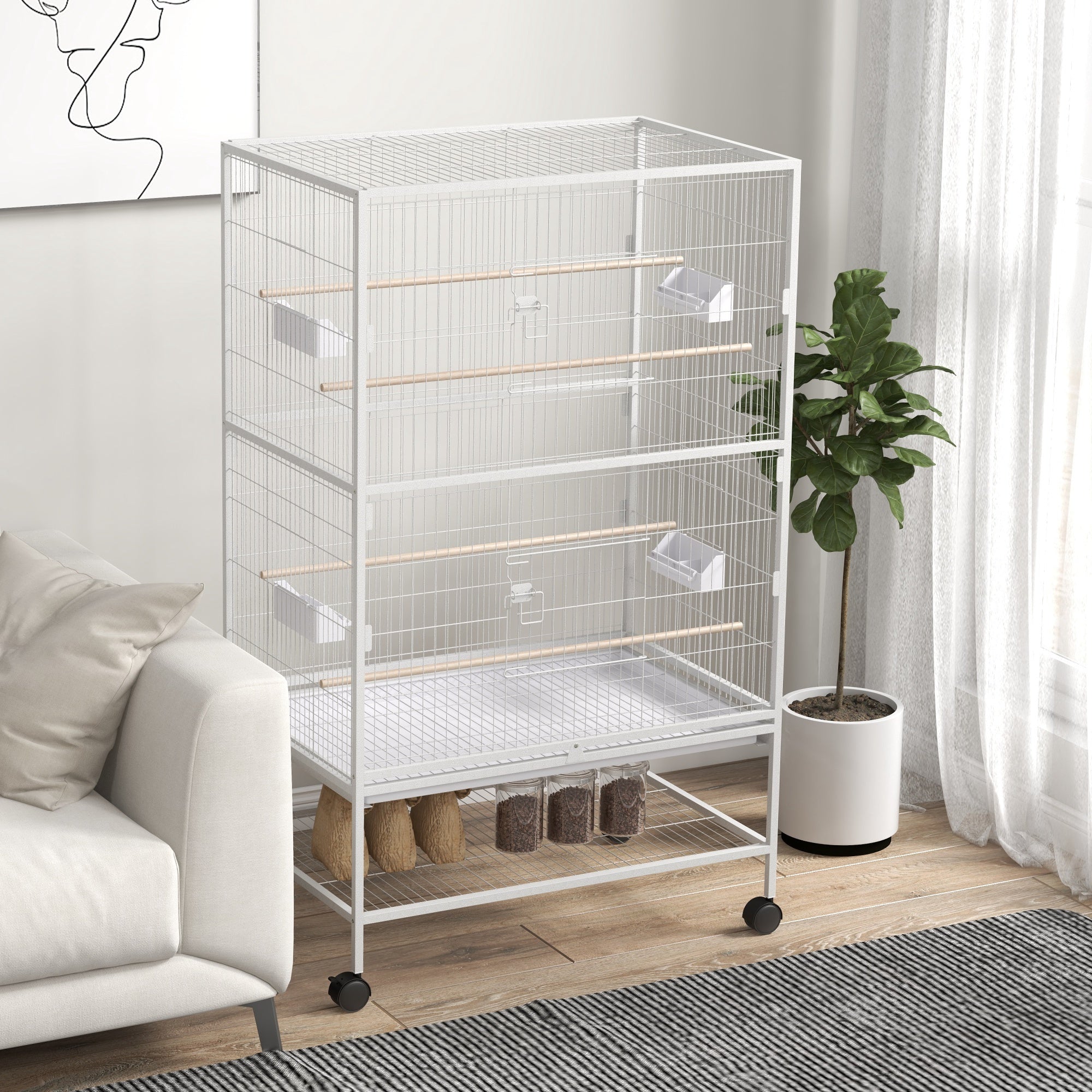 PawHut 52" Large Rolling Steel Bird Cage Bird House with Rolling Stand, Storage Shelf, Wood Perch, Food Container, Grey