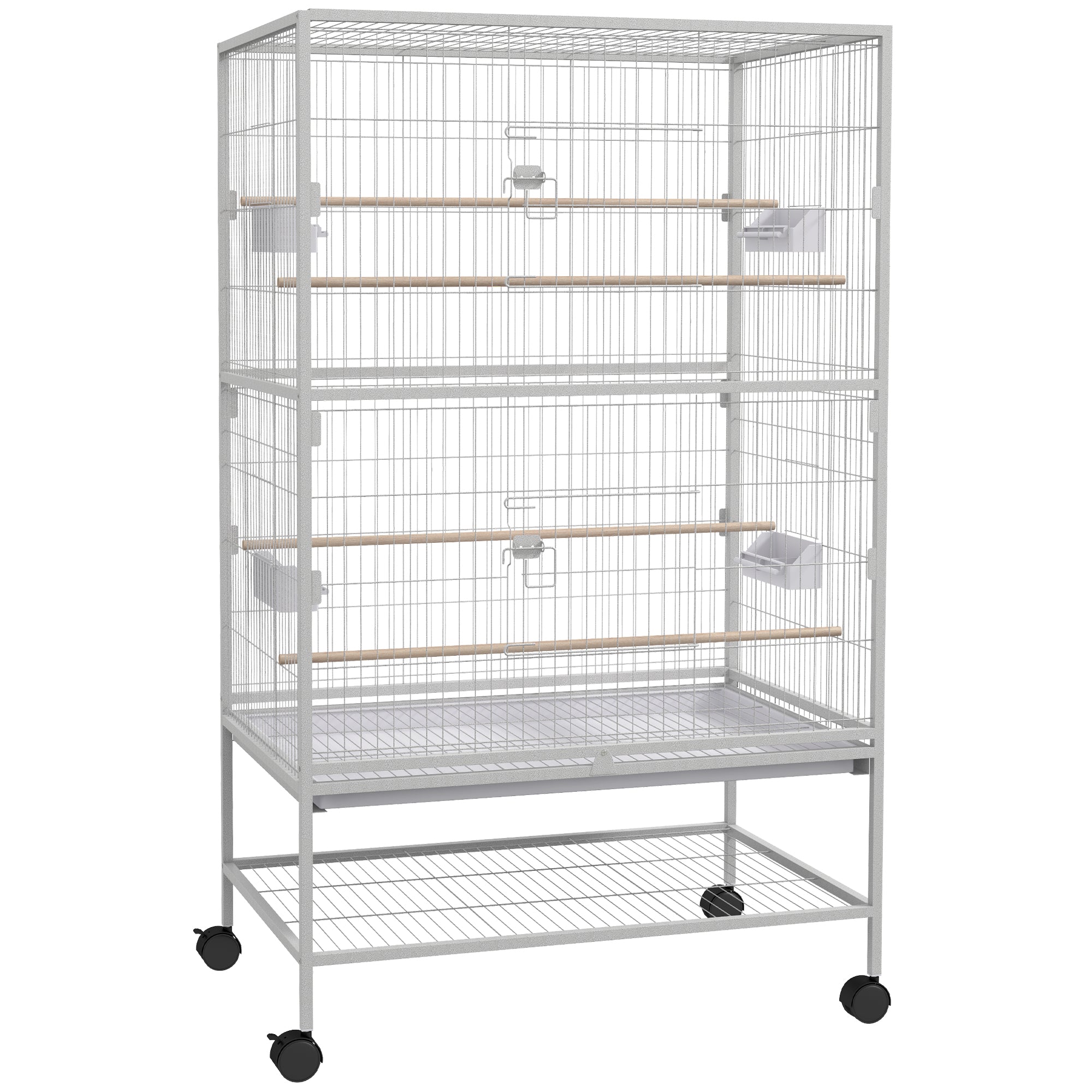 PawHut 52" Large Rolling Steel Bird Cage Bird House with Rolling Stand, Storage Shelf, Wood Perch, Food Container, Grey