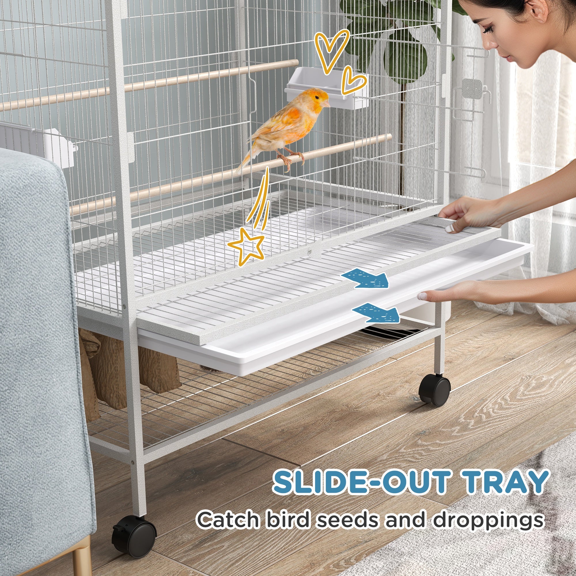 PawHut 52" Large Rolling Steel Bird Cage Bird House with Rolling Stand, Storage Shelf, Wood Perch, Food Container, Grey