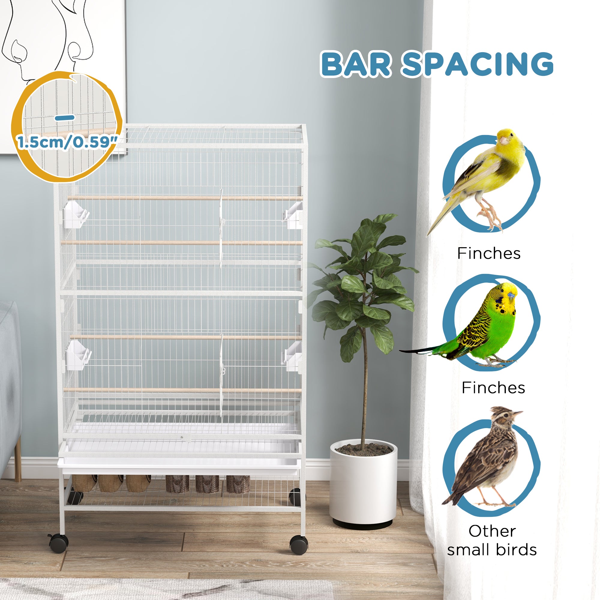 PawHut 52" Large Rolling Steel Bird Cage Bird House with Rolling Stand, Storage Shelf, Wood Perch, Food Container, Grey