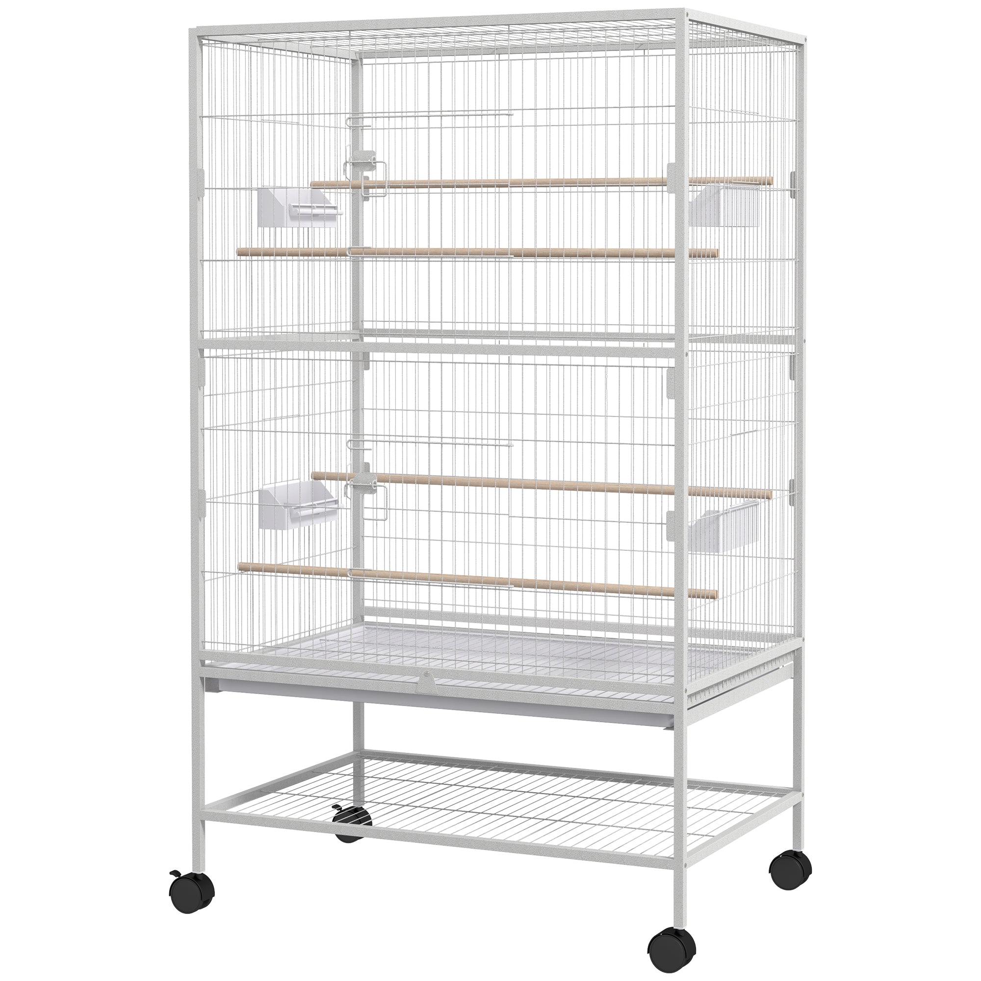 PawHut 52" Large Rolling Steel Bird Cage Bird House with Rolling Stand, Storage Shelf, Wood Perch, Food Container, Grey
